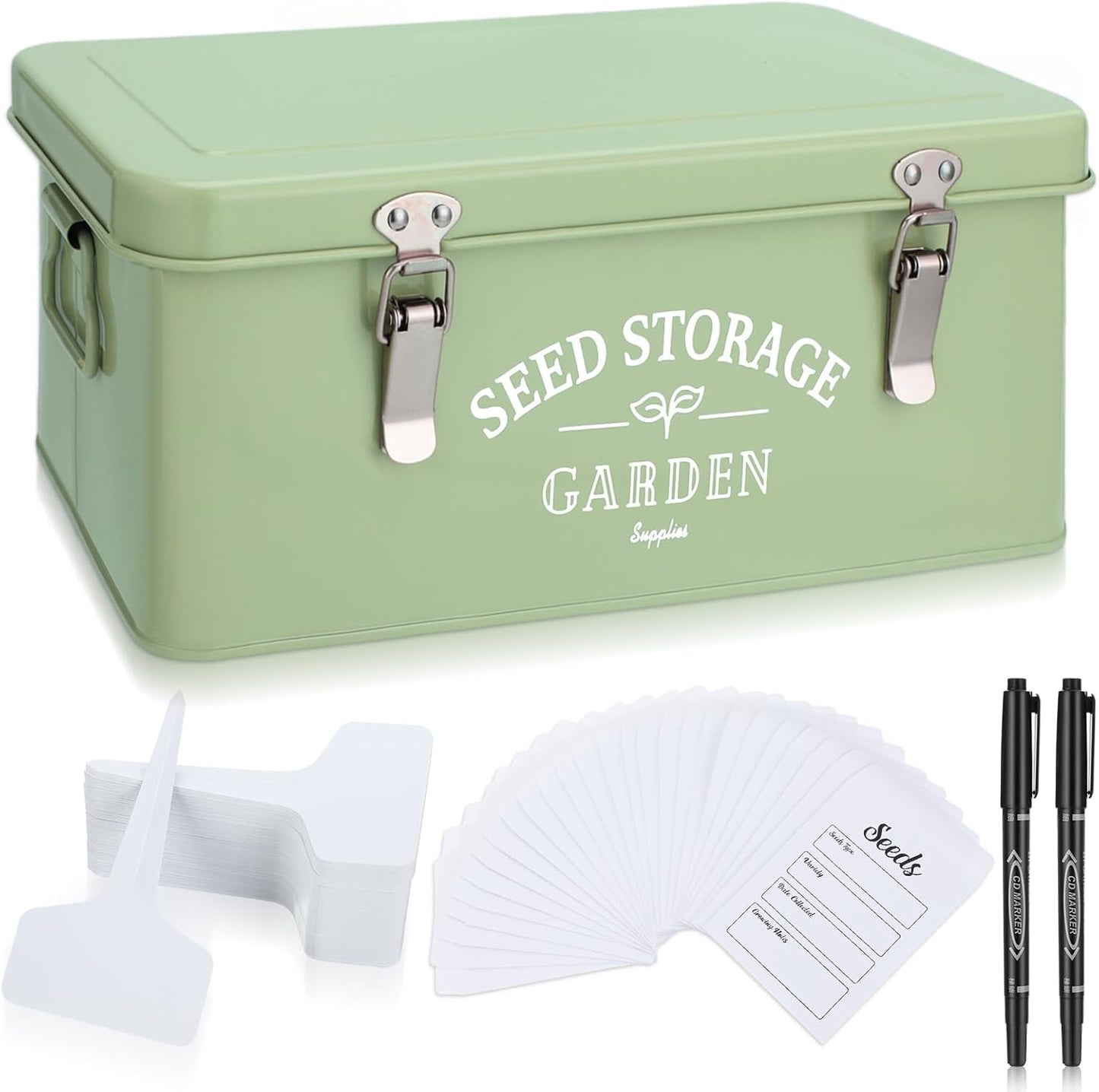 Seed Storage Organizer Box with Lid | Decorative Garden Seed Packet Container | Includes Dividers, 100 Plant Labels, 50 Envelopes & 2 Marker Pens (Stylish – 8.5” x 5.5” x 6.7”)