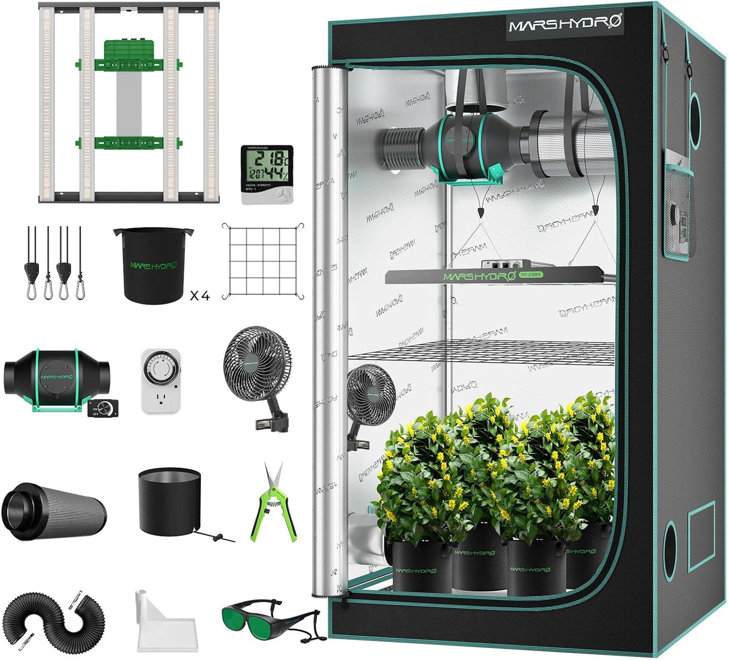 3x3 Smart Grow Tent Kit Complete System,150W FC1500 Samsung LM301H Grow Light,WiFi App Dimming Control,1680D High Reflective Mylar,with 4inch Adjustable Ventilation System,10 Speed Clip Fan
