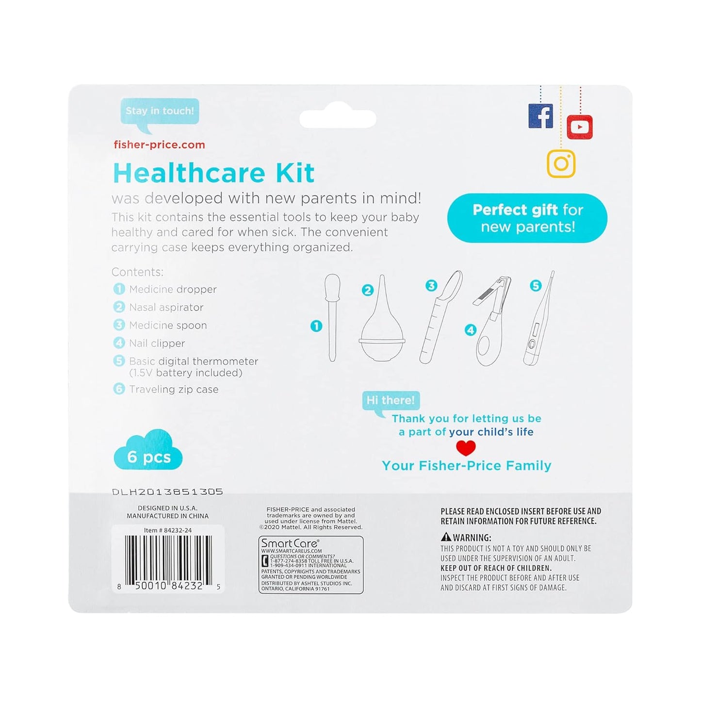 Fisher-Price 6-Piece Baby Healthcare Kit – Newborn Essentials Baby Gift Set with Medicine Dispensers, Aspirator, Nail Clippers, Thermometer & More