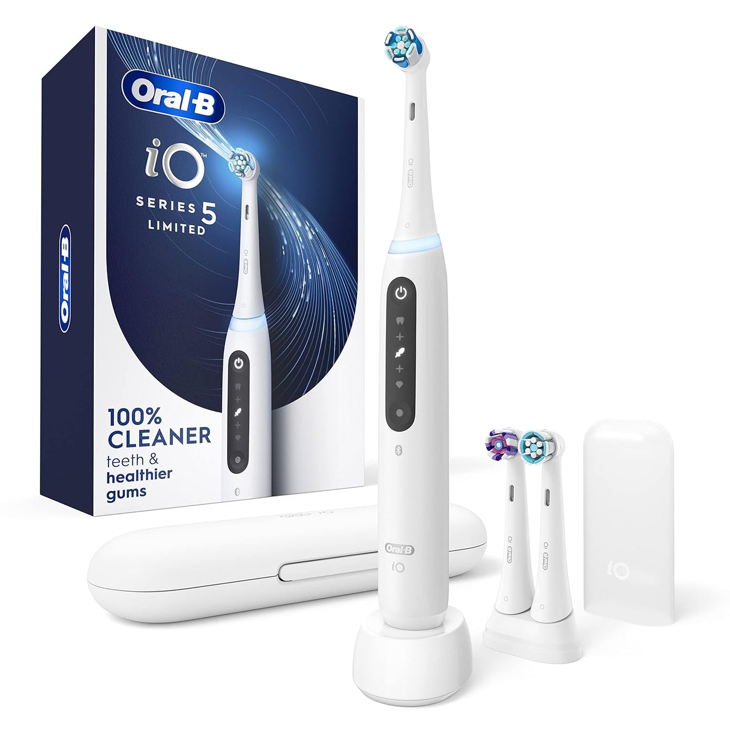 Oral-B iO5 Electric Toothbrush – Deep Clean + Whitening, Rechargeable with Pressure Sensor, 5 Modes, 3 Brush Heads, Travel Case & Refill Holder – Black