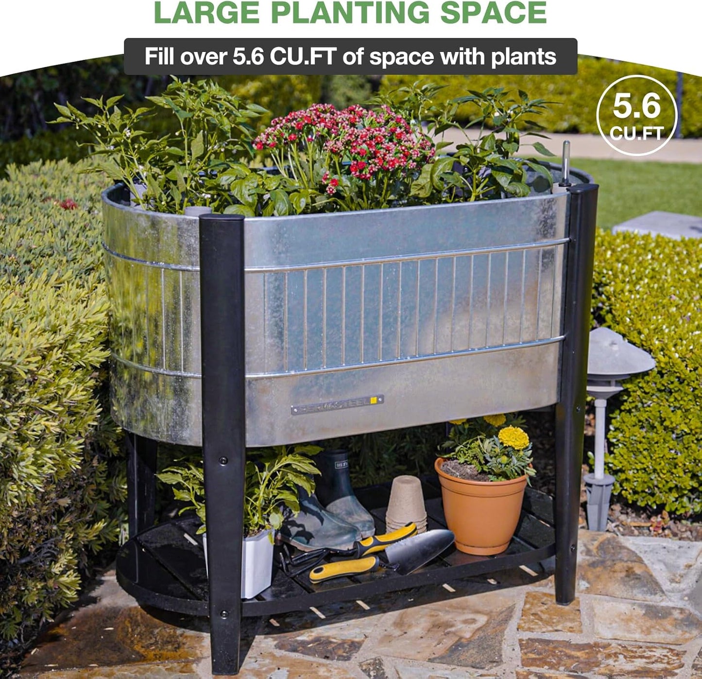 Raised Garden Bed Outdoor Indoor with EnGrow™ TrueSoil™ Technology, Galvanized Steel Planter Box with Legs and Bottom Storage Shelf for Vegetables, Flowers, Herbs