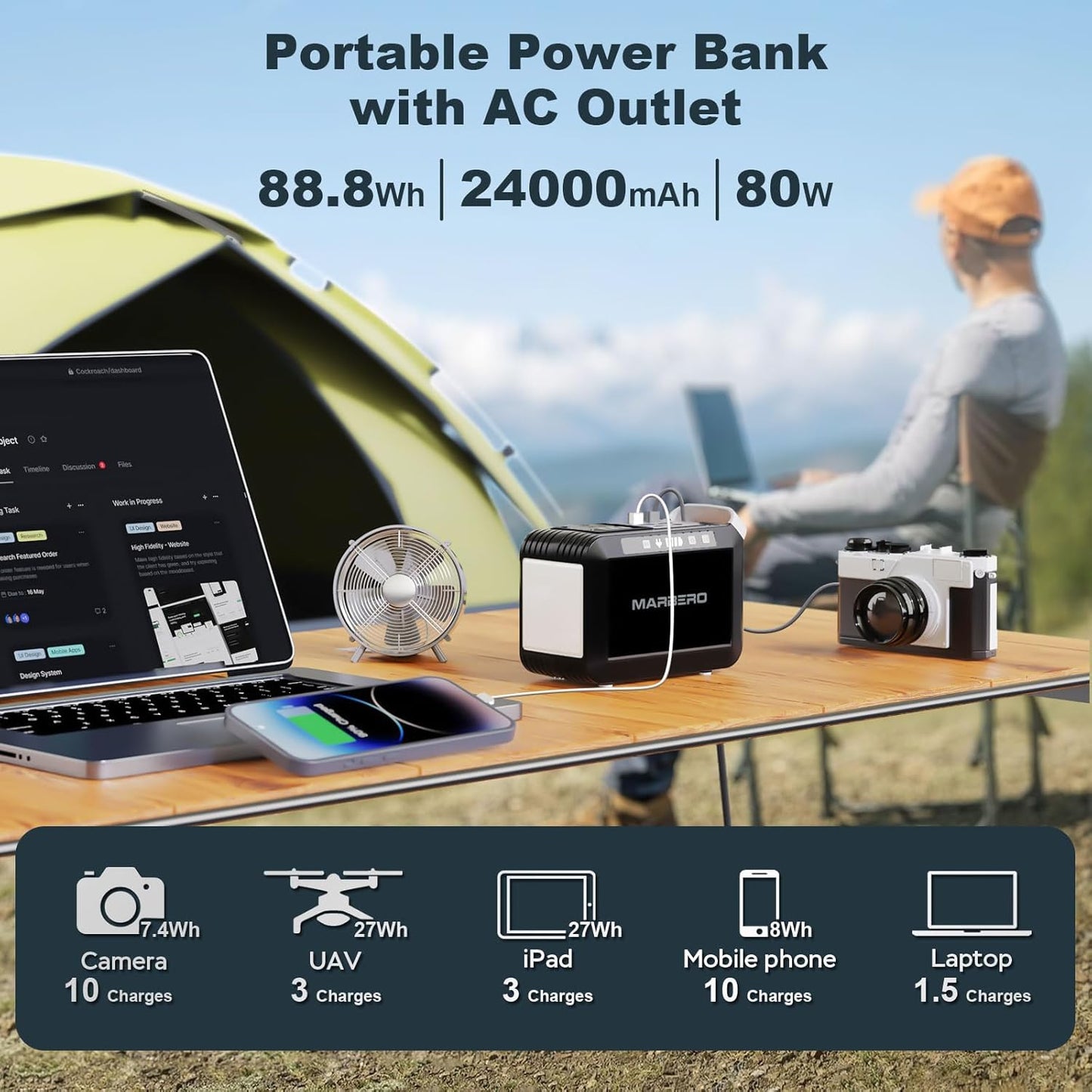 Camping Solar Generator 120W Peak, 88Wh Portable Power Station with 21W Foldable Solar Panel, AC/DC/USB QC3.0 Ports & LED Flashlight for Outdoor, Home, Camping, Fishing, Emergency Backup