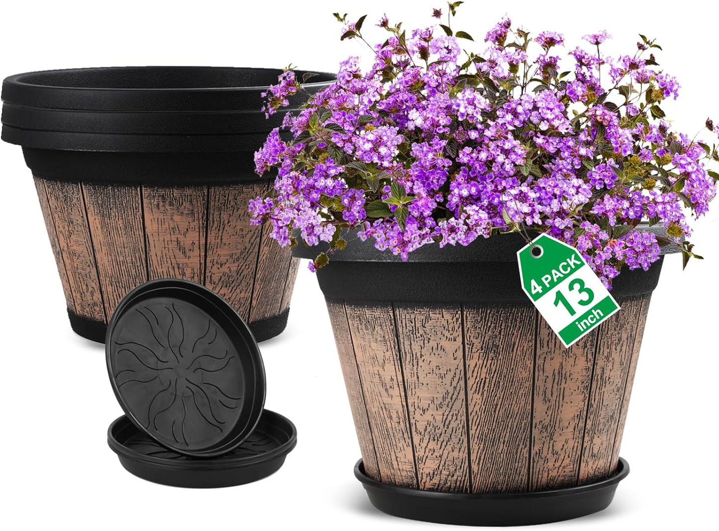 Plant Pots Set of 4 Pack 12 inch,Large Whiskey Barrel Planters with Drainage Holes & Saucer.Plastic Flower Pots Imitation Wine Barrel Design, for Indoor & Outdoor Garden Home Plants (Brown)
