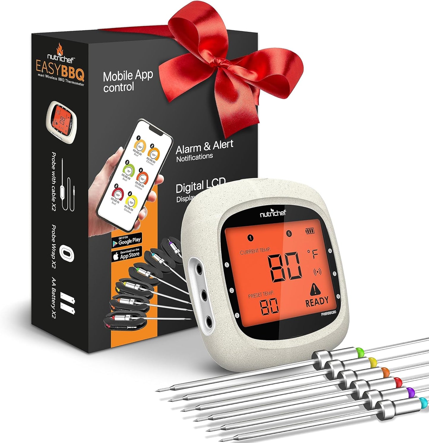 Bluetooth Meat Thermometer for Grilling and Smoking, up to 6 Temperature Probes and Smart APP, 400 Ft Range, LCD