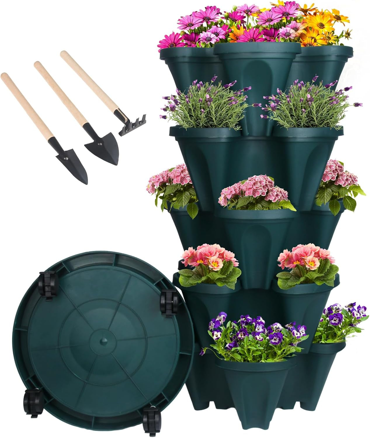 Vertical Planter 7 Tier Stackable Planters Garden Planters Strawberry Herb Flower and Vegetable Planter Indoor Outdoor Gardening Pots with Removable Wheels and Tools