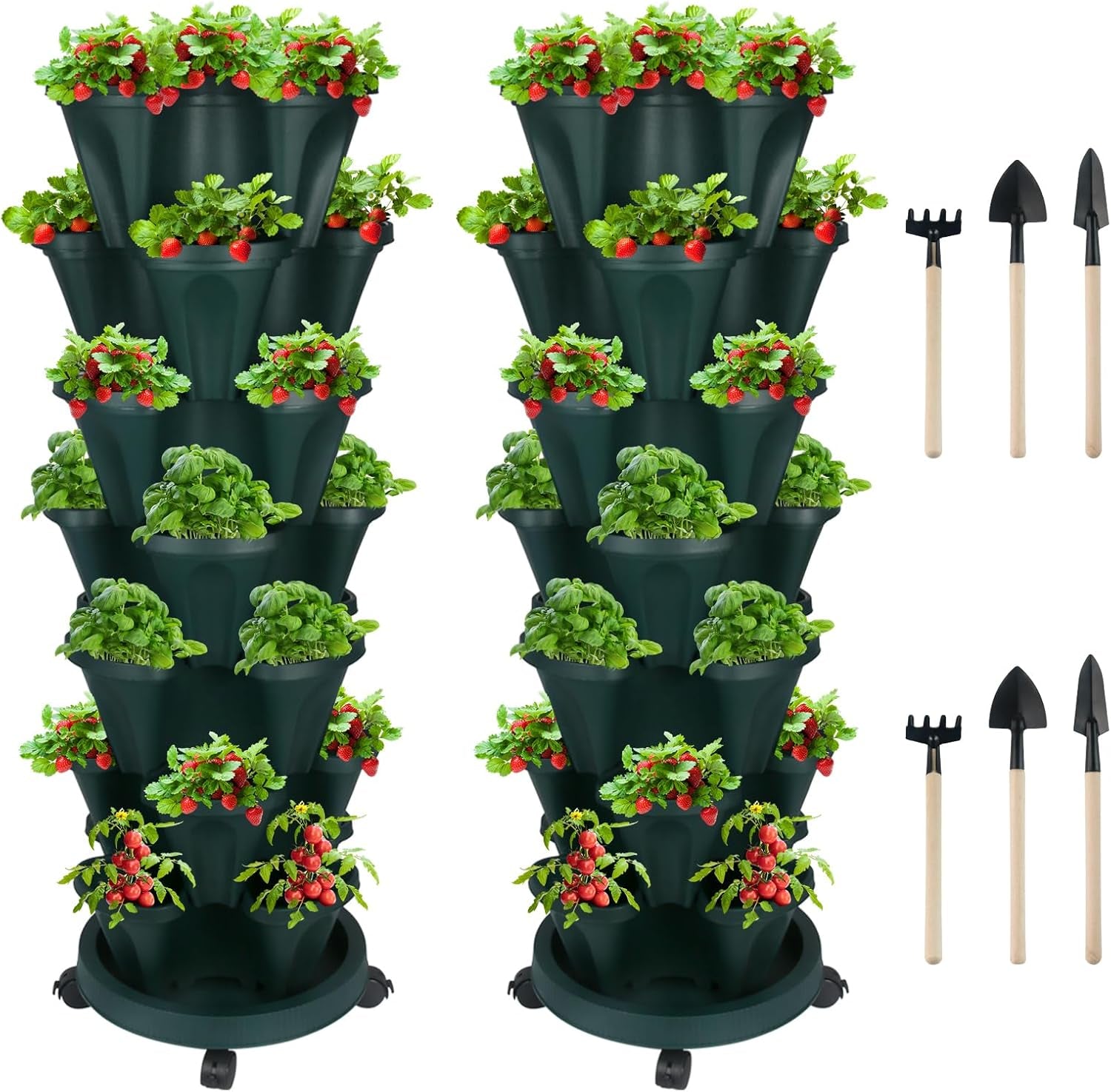 Vertical Planter 7 Tier Stackable Planters Garden Planters Strawberry Herb Flower and Vegetable Planter Indoor Outdoor Gardening Pots with Removable Wheels and Tools