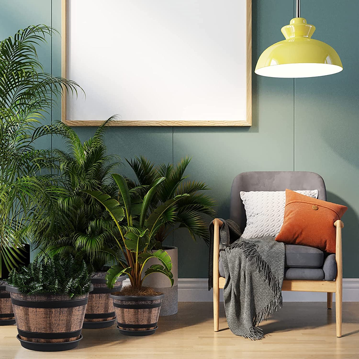 Plant Pots Set of 4 Pack 12 inch,Large Whiskey Barrel Planters with Drainage Holes & Saucer.Plastic Flower Pots Imitation Wine Barrel Design, for Indoor & Outdoor Garden Home Plants (Brown)