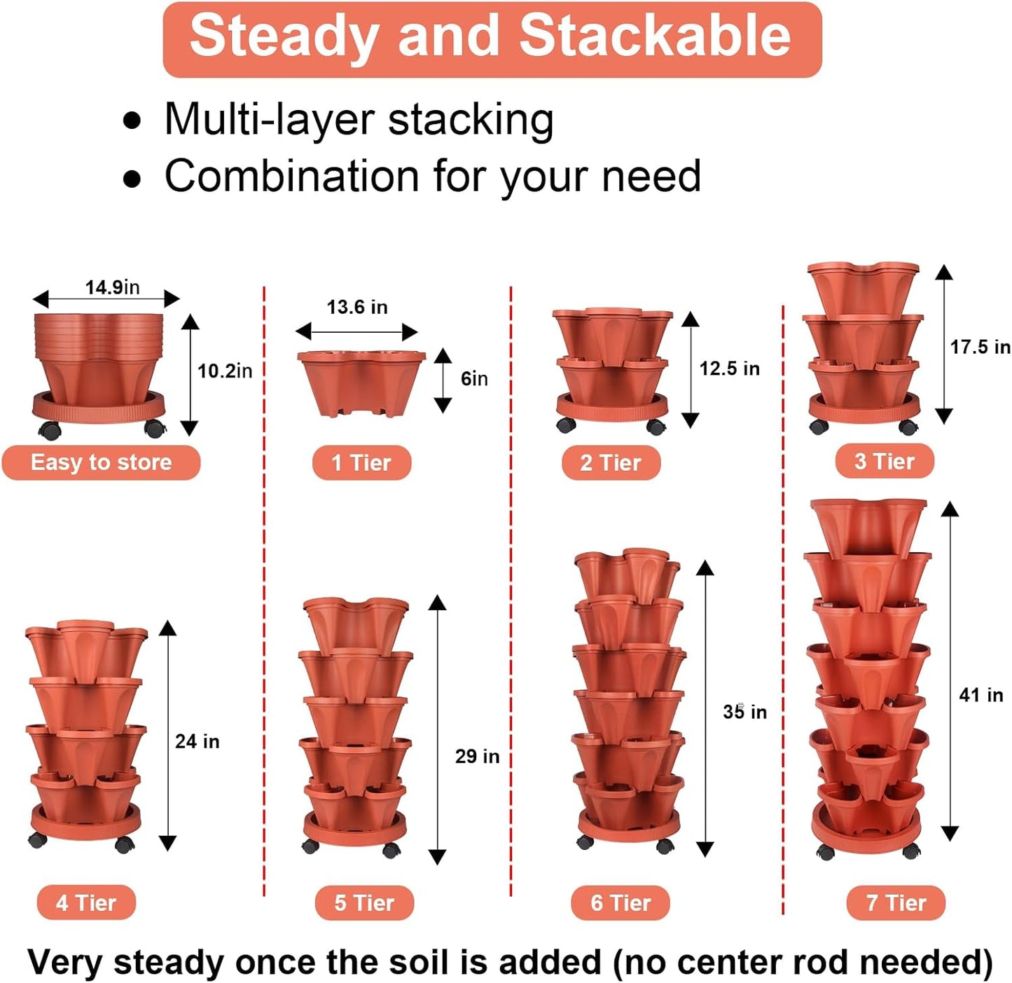 Vertical Planter 7 Tier Stackable Planters Garden Planters Strawberry Herb Flower and Vegetable Planter Indoor Outdoor Gardening Pots with Removable Wheels and Tools