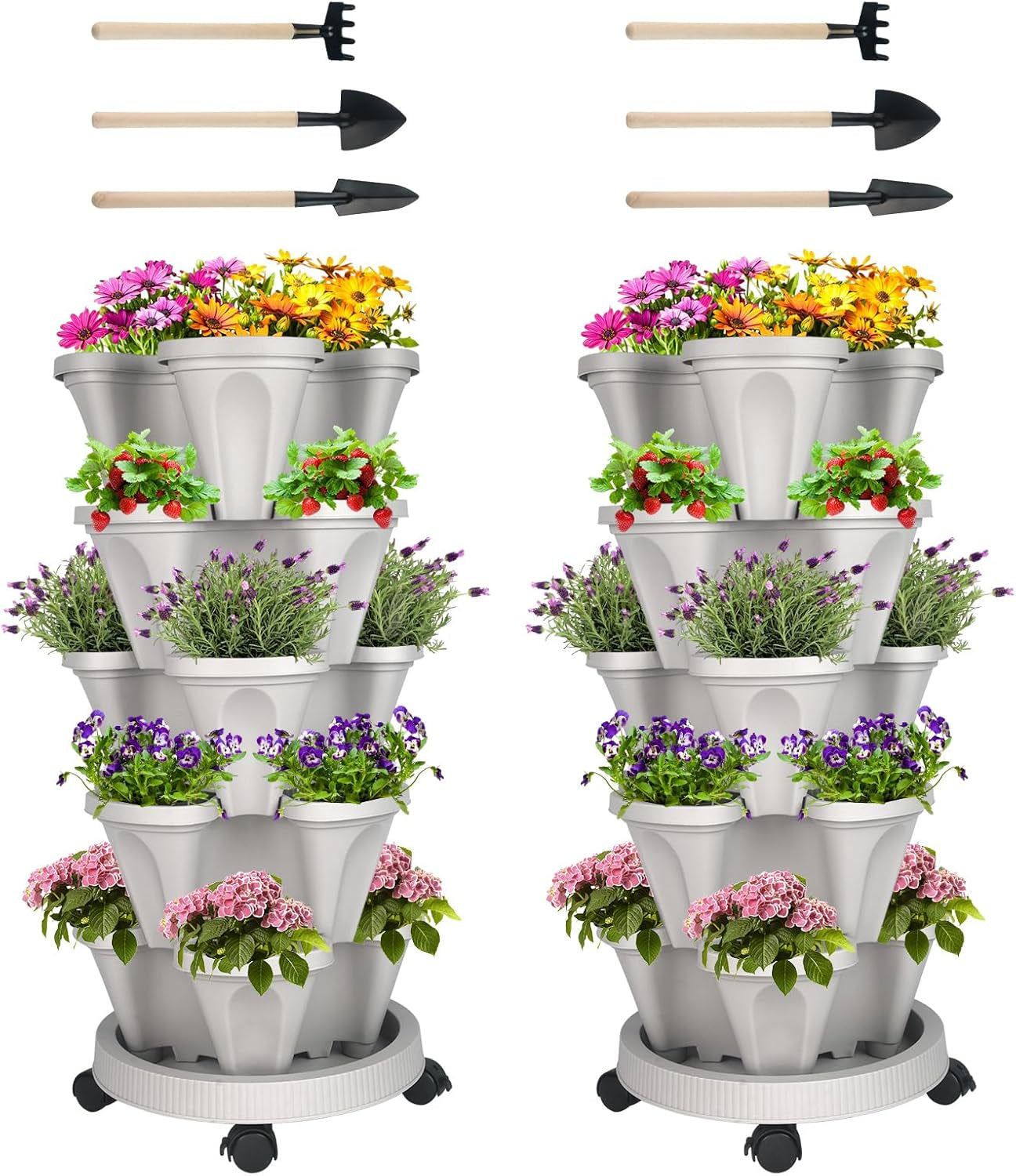 Vertical Planter 7 Tier Stackable Planters Garden Planters Strawberry Herb Flower and Vegetable Planter Indoor Outdoor Gardening Pots with Removable Wheels and Tools