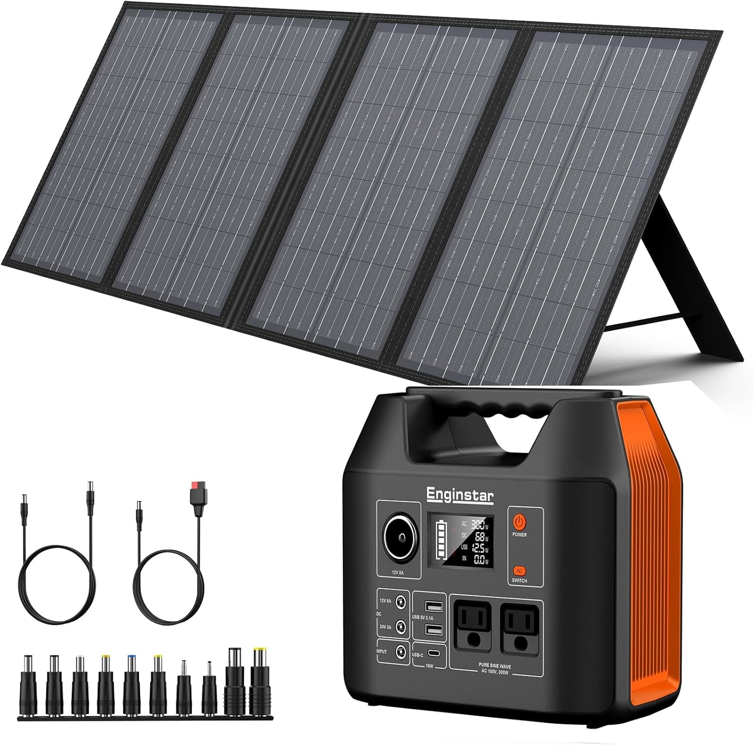 Portable Power Station, 300W 296Wh Battery Bank with 110V Pure Sine Wave, 60W Foldable Solar Panel with 18V DC Outlet for Portable Power Stations