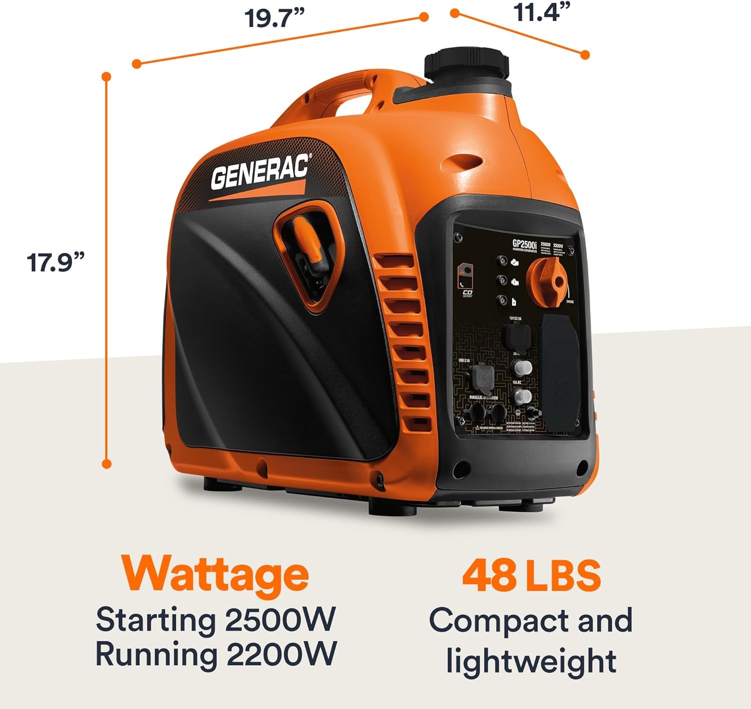 8251 GP2500i 2,500-Watt Gas Powered Portable Inverter Generator - Compact and Lightweight Design - Produces Clean, Stable Power - COsense Technology - CARB Compliant - Orange/Black