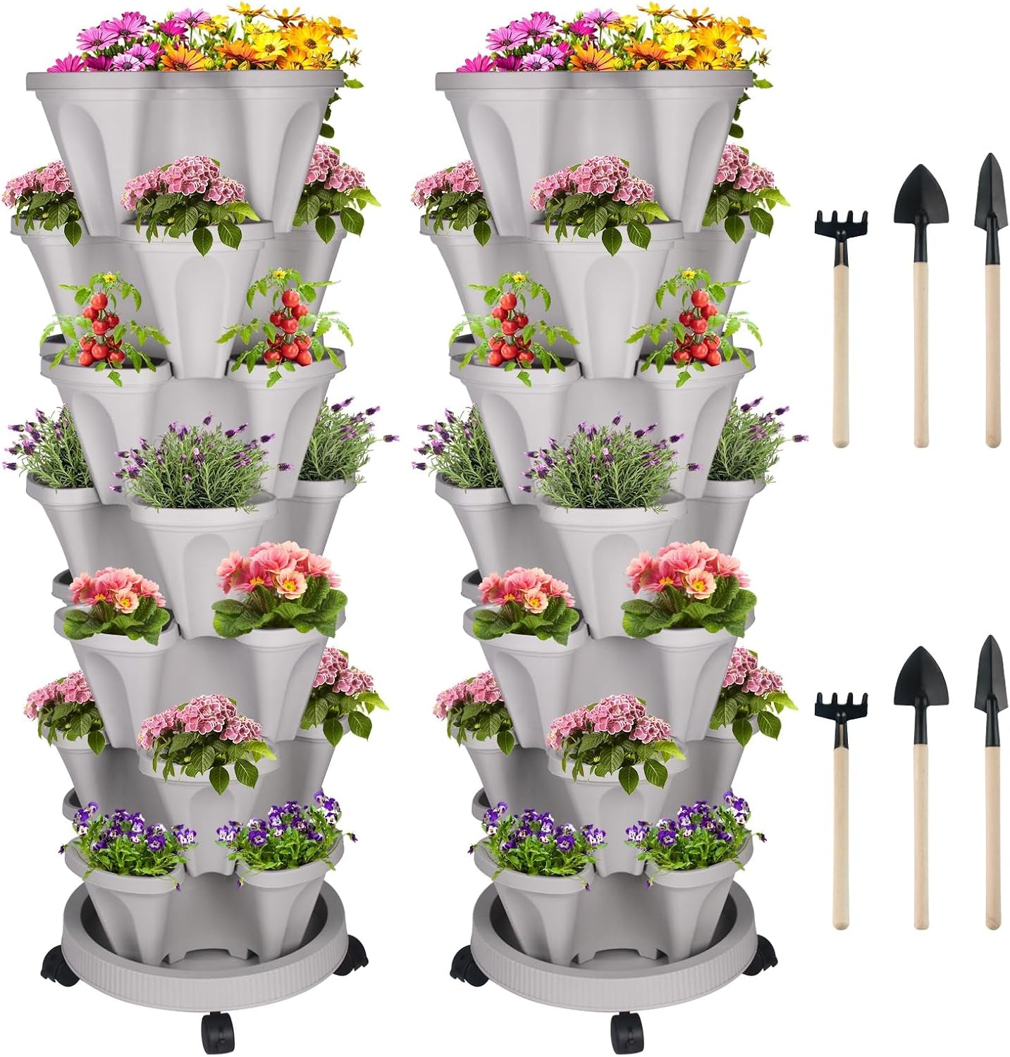 Vertical Planter 7 Tier Stackable Planters Garden Planters Strawberry Herb Flower and Vegetable Planter Indoor Outdoor Gardening Pots with Removable Wheels and Tools