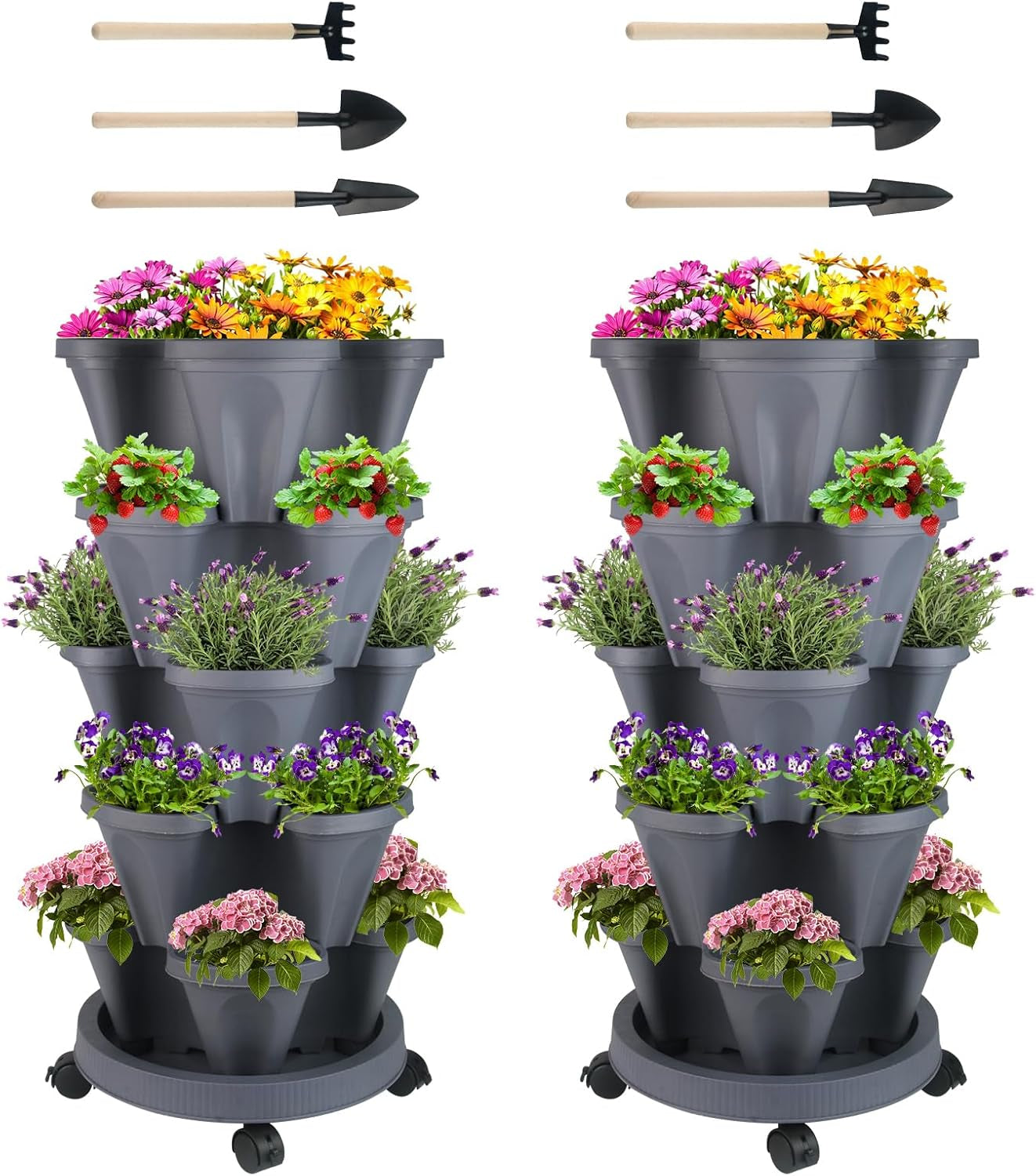 Vertical Planter 7 Tier Stackable Planters Garden Planters Strawberry Herb Flower and Vegetable Planter Indoor Outdoor Gardening Pots with Removable Wheels and Tools