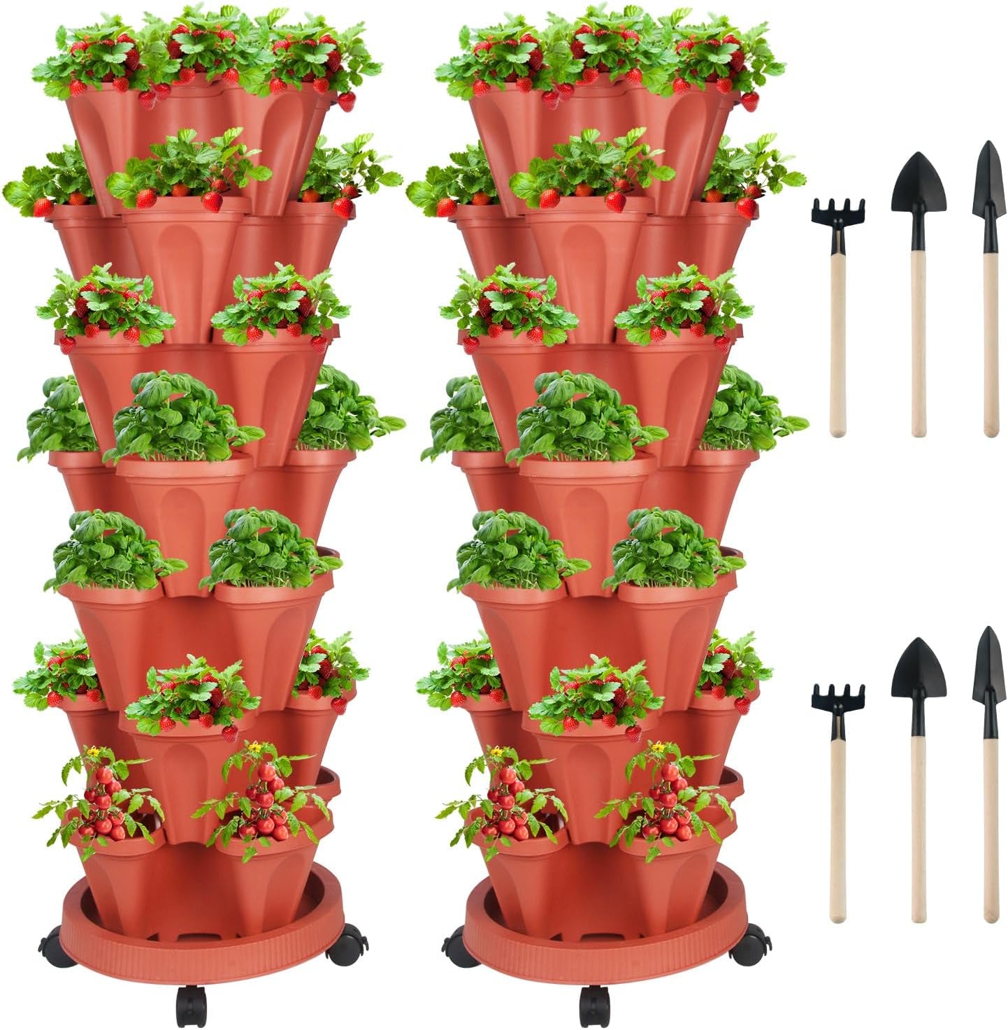 Vertical Planter 7 Tier Stackable Planters Garden Planters Strawberry Herb Flower and Vegetable Planter Indoor Outdoor Gardening Pots with Removable Wheels and Tools