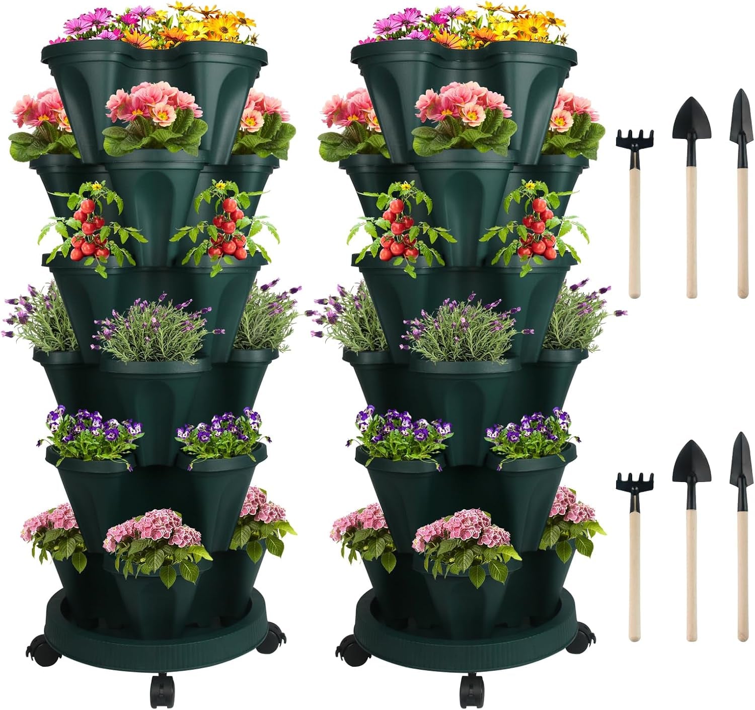 Vertical Planter 7 Tier Stackable Planters Garden Planters Strawberry Herb Flower and Vegetable Planter Indoor Outdoor Gardening Pots with Removable Wheels and Tools