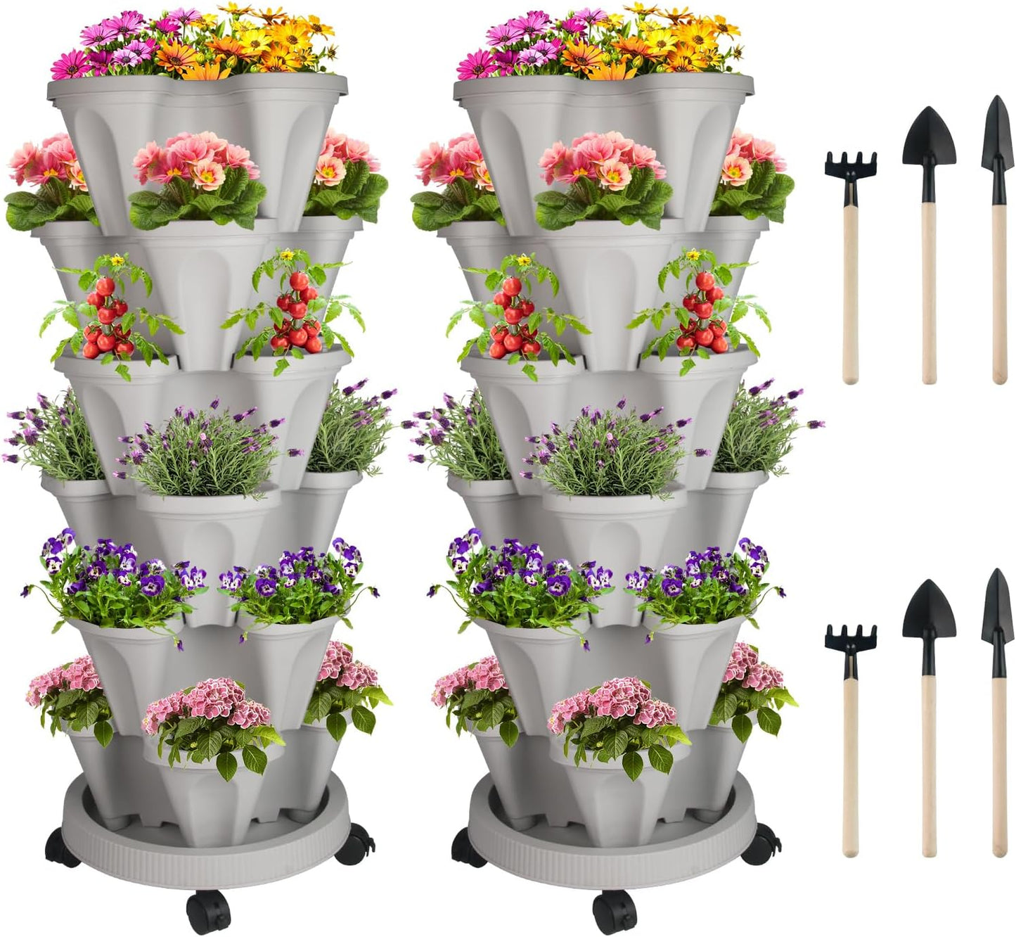 Vertical Planter 7 Tier Stackable Planters Garden Planters Strawberry Herb Flower and Vegetable Planter Indoor Outdoor Gardening Pots with Removable Wheels and Tools