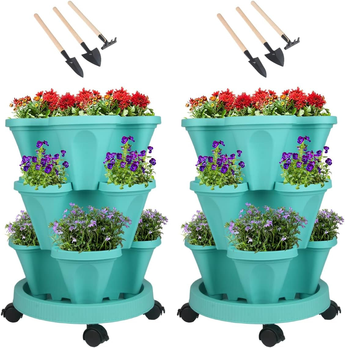 Vertical Planter 7 Tier Stackable Planters Garden Planters Strawberry Herb Flower and Vegetable Planter Indoor Outdoor Gardening Pots with Removable Wheels and Tools