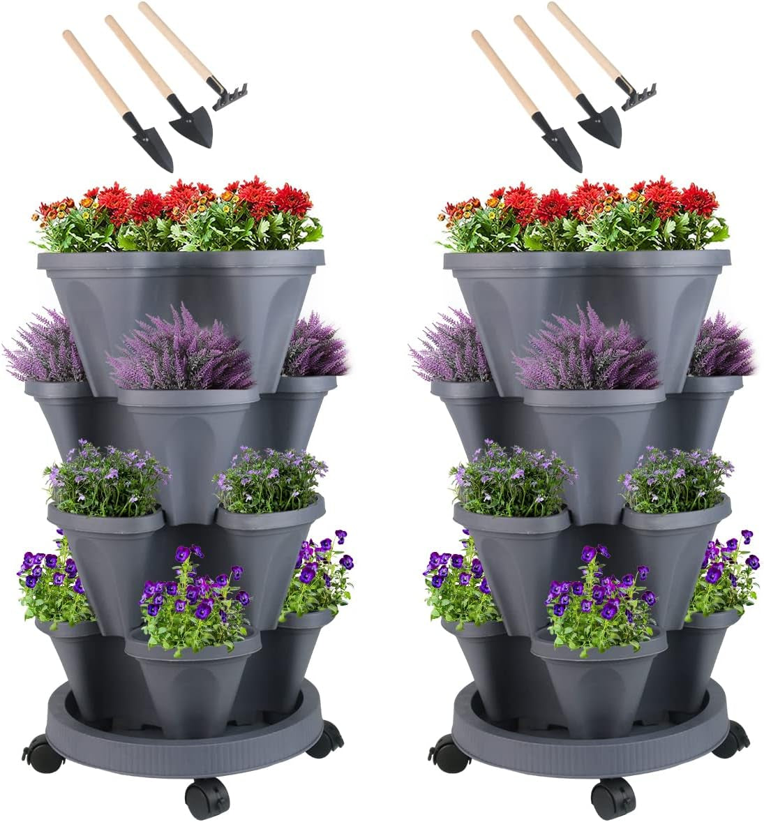 Vertical Planter 7 Tier Stackable Planters Garden Planters Strawberry Herb Flower and Vegetable Planter Indoor Outdoor Gardening Pots with Removable Wheels and Tools