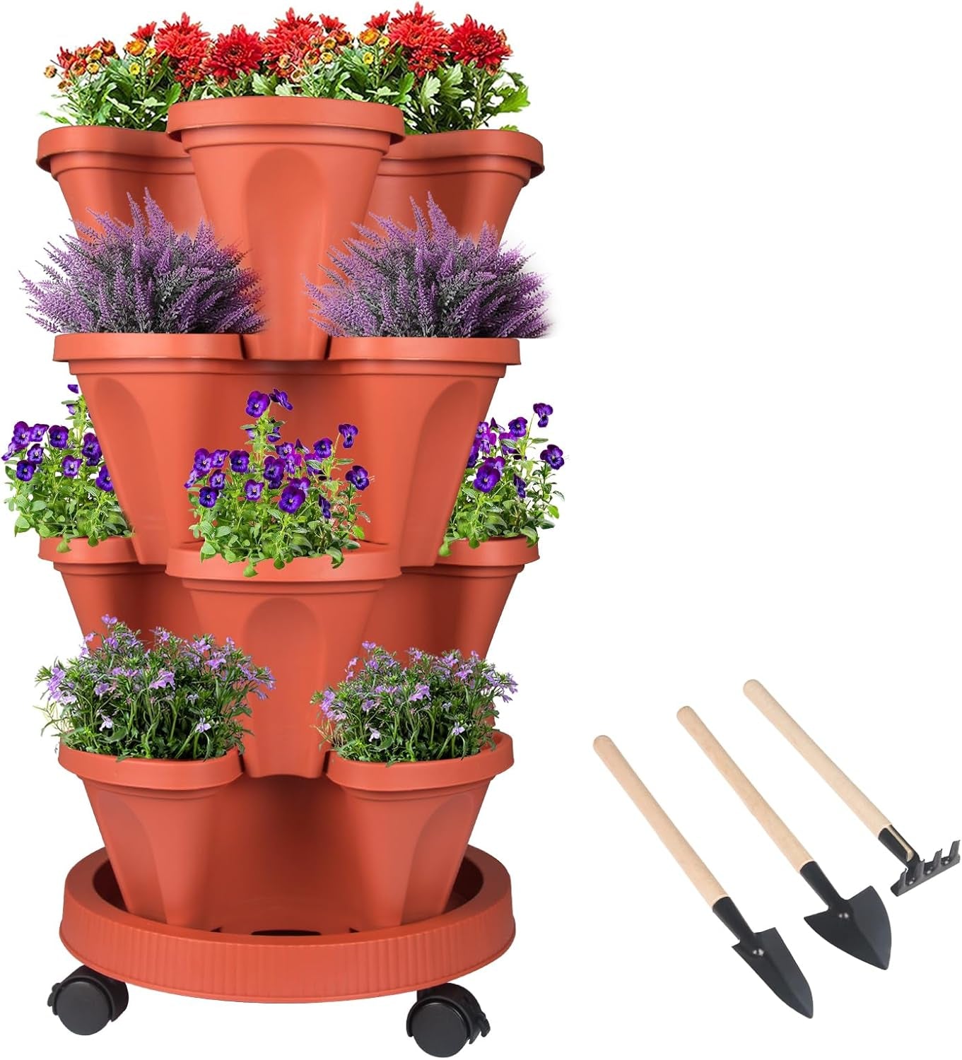 Vertical Planter 7 Tier Stackable Planters Garden Planters Strawberry Herb Flower and Vegetable Planter Indoor Outdoor Gardening Pots with Removable Wheels and Tools