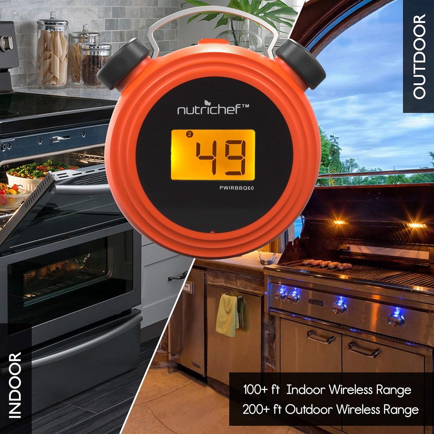 Smart Bluetooth BBQ Grill Thermometer - Digital Display, Stainless Dual Probes Safe to Leave in Outdoor Barbecue Meat Smoker - Wireless Remote Alert iOS Android Phone WiFi App - PWIRBBQ60