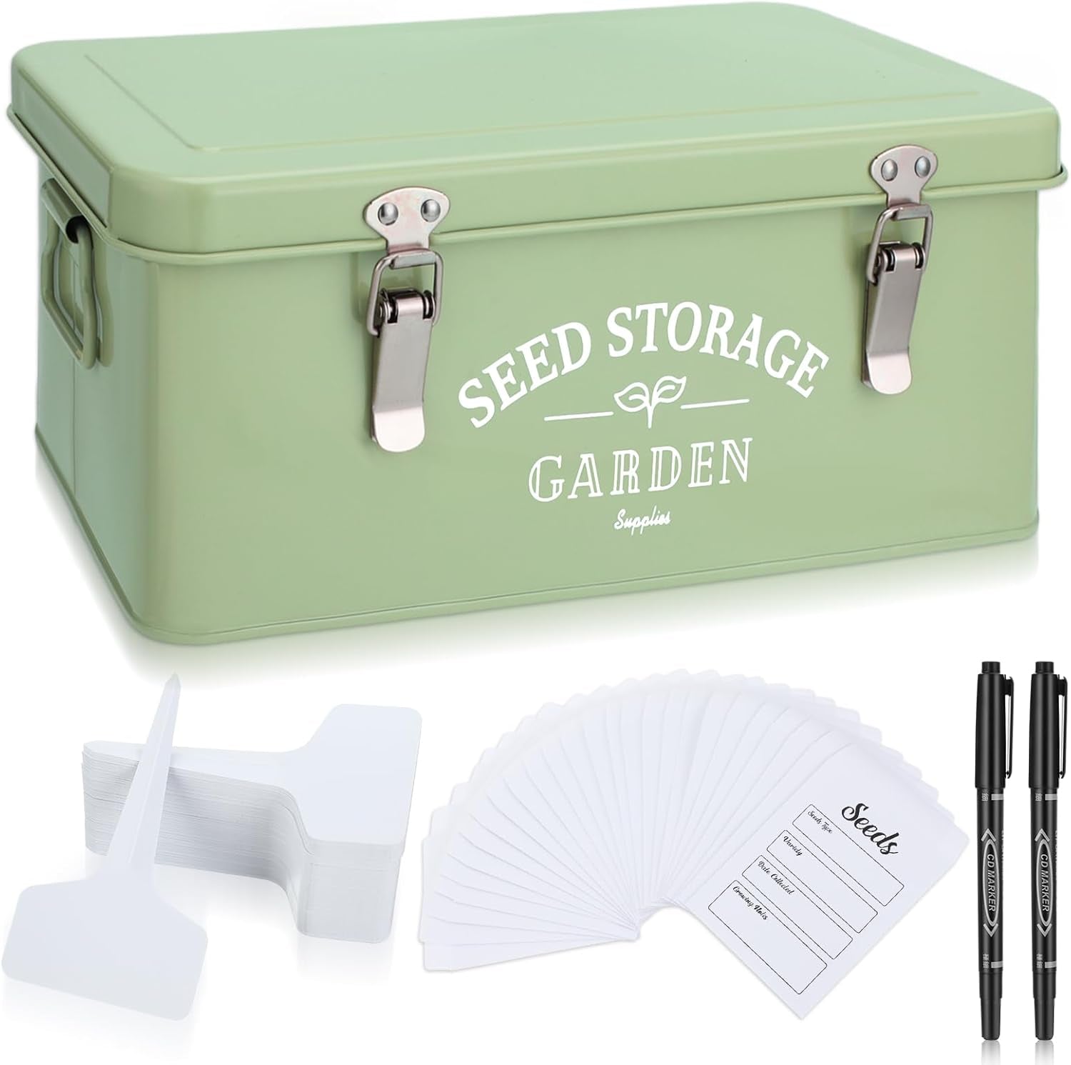 Seed Storage Organizer Box with Lid  | Decorative Garden Seed Packet Container | Includes Dividers, 100 Plant Labels, 50 Envelopes & 2 Marker Pens  (Stylish – 8.5” x 5.5” x 6.7”)