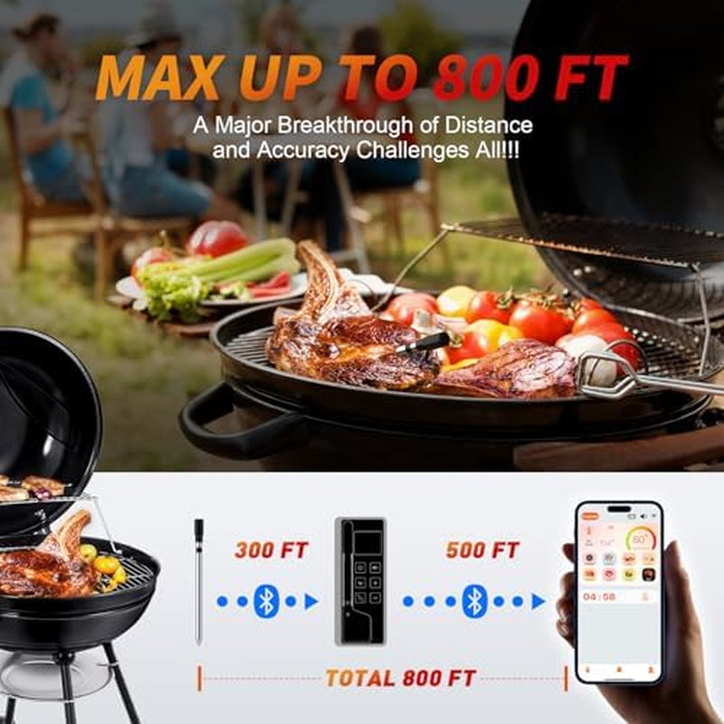 Wireless Meat Thermometer Digital, 800FT Long Range Bluetooth Cooking Thermometer, Food Thermometer for Remote Monitoring of Grill, Oven, Smoker, Air Fryer, Rotisserie, iOS & Android App