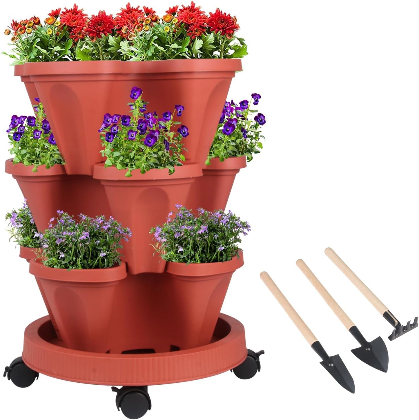 Vertical Planter 7 Tier Stackable Planters Garden Planters Strawberry Herb Flower and Vegetable Planter Indoor Outdoor Gardening Pots with Removable Wheels and Tools
