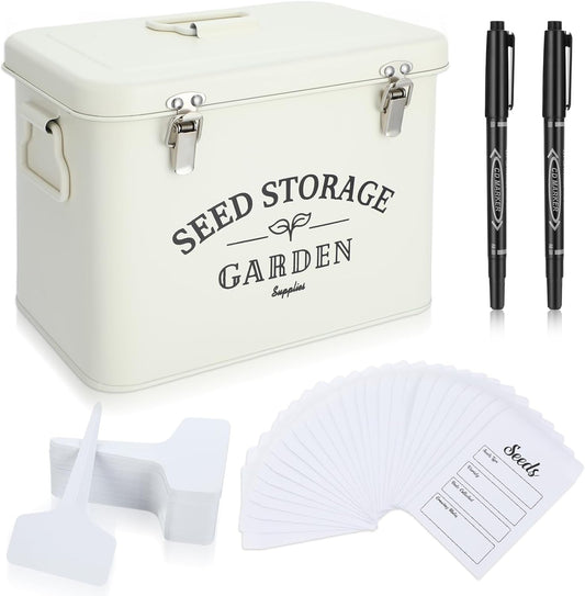  Seed Storage Organizer Box with Lid  | Decorative Garden Seed Packet Container | Includes Dividers, 100 Plant Labels, 50 Envelopes & 2 Marker Pens  (Stylish – 8.5” x 5.5” x 6.7”)