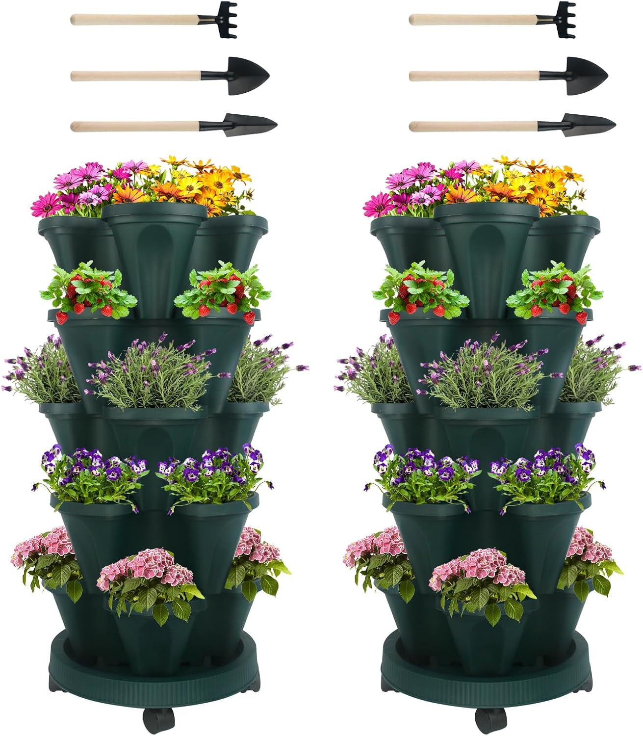 Vertical Planter 7 Tier Stackable Planters Garden Planters Strawberry Herb Flower and Vegetable Planter Indoor Outdoor Gardening Pots with Removable Wheels and Tools