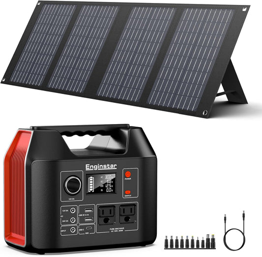 300W Portable Power Station 296Wh/80000mAh Outdoor Solar Generators Mobile Lithium Battery Pack 110V Outlet Solar Power Bank Camping Power Supply for Indoor Outdoor with 40W Solar Panel