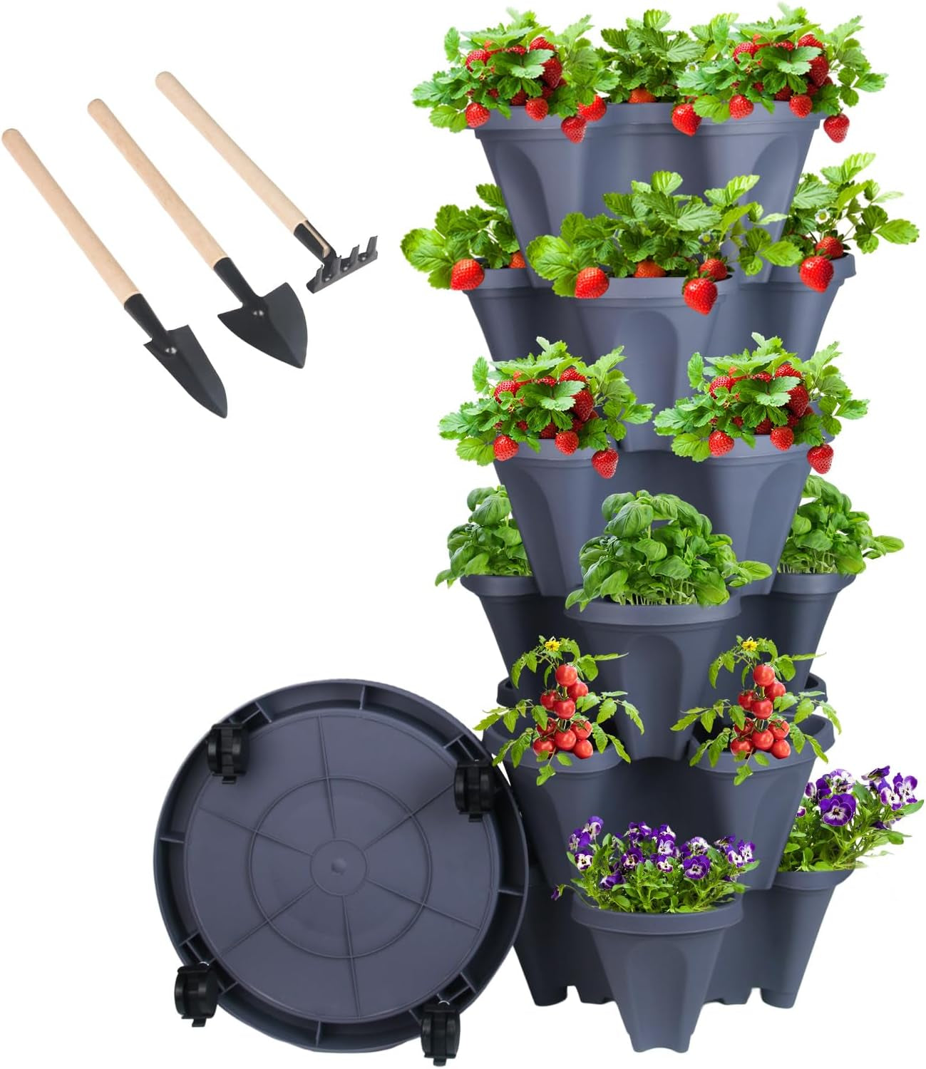 Vertical Planter 7 Tier Stackable Planters Garden Planters Strawberry Herb Flower and Vegetable Planter Indoor Outdoor Gardening Pots with Removable Wheels and Tools