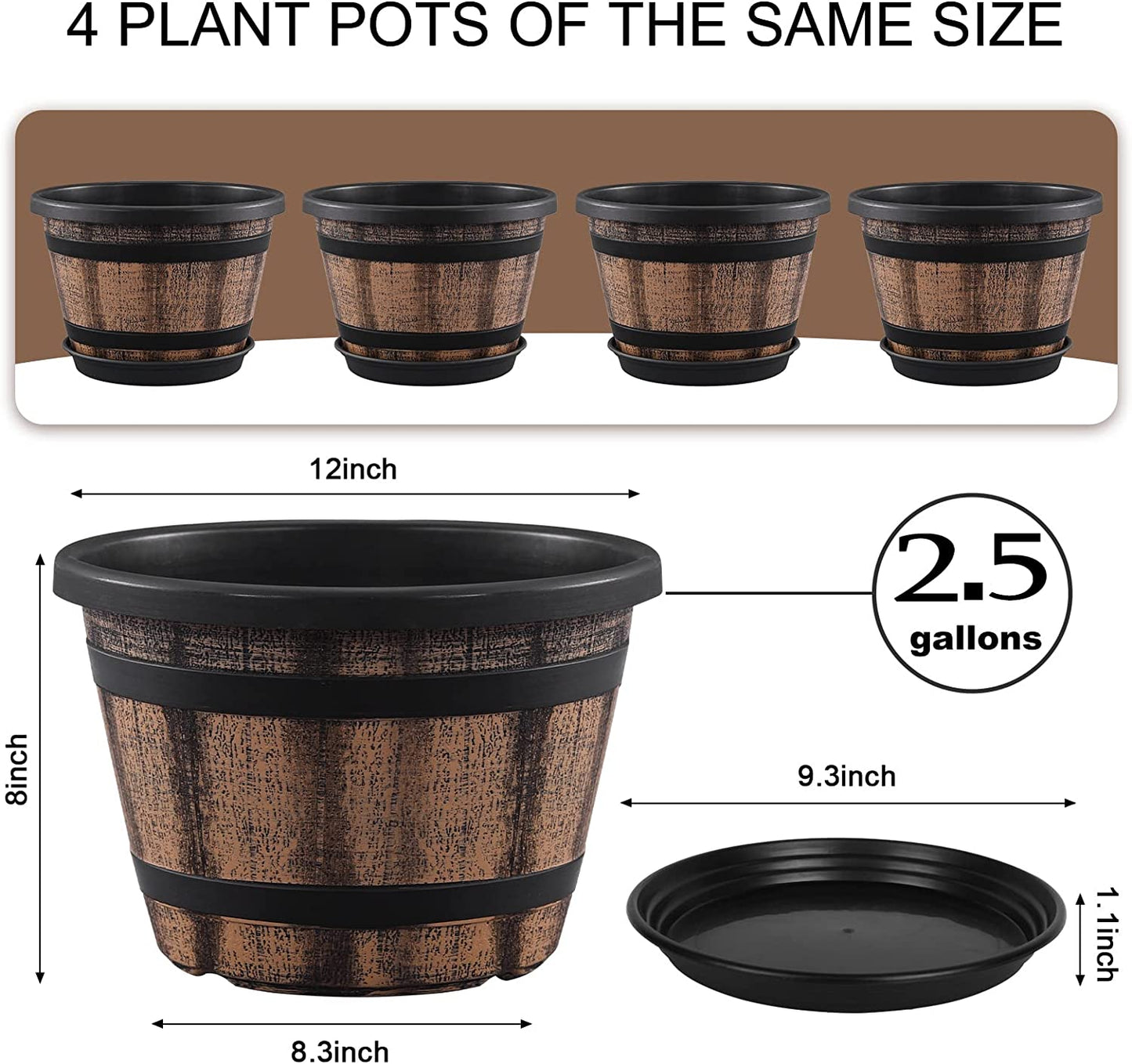Plant Pots Set of 4 Pack 12 inch,Large Whiskey Barrel Planters with Drainage Holes & Saucer.Plastic Flower Pots Imitation Wine Barrel Design, for Indoor & Outdoor Garden Home Plants (Brown)