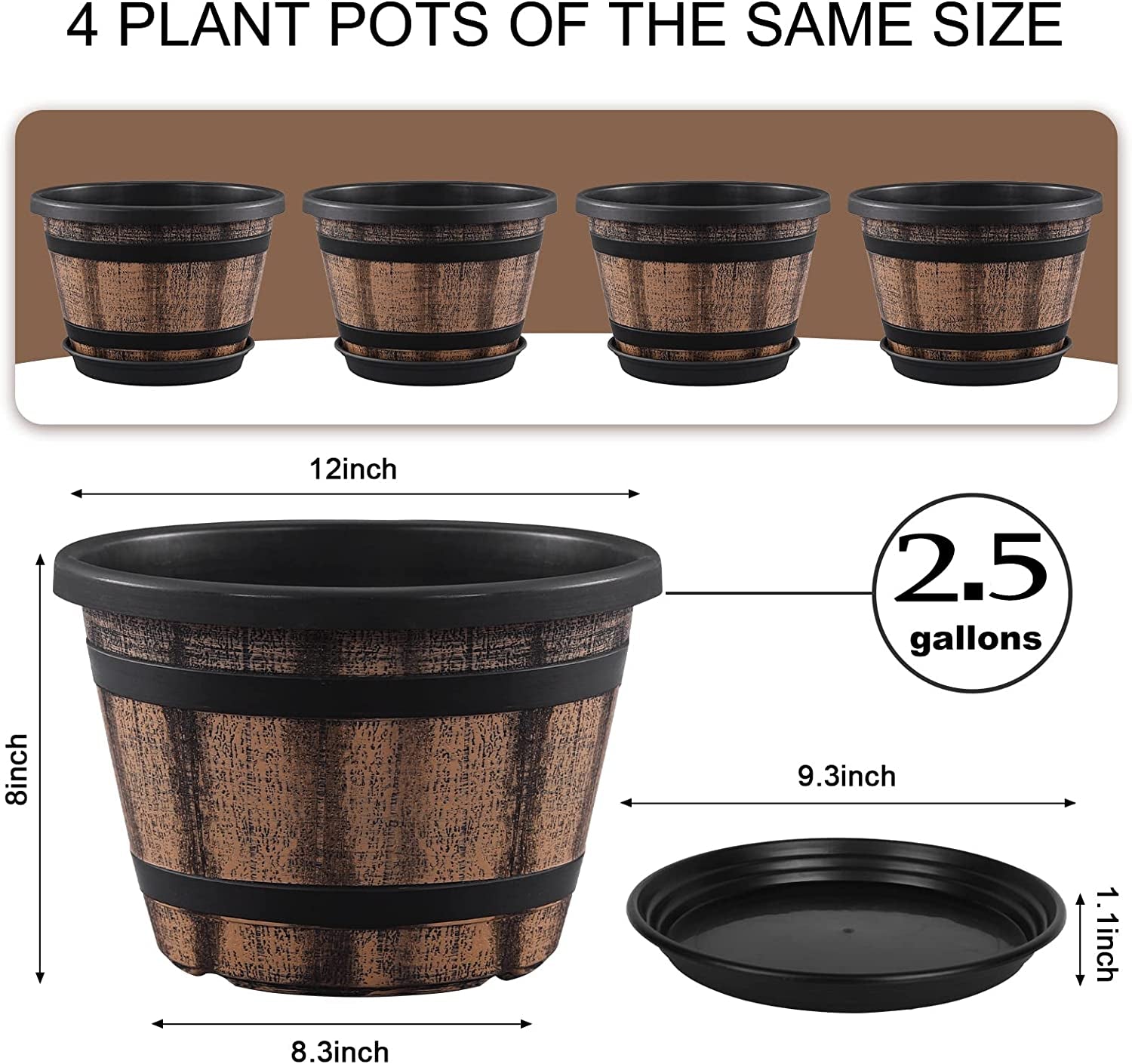 Plant Pots Set of 4 Pack 12 inch,Large Whiskey Barrel Planters with Drainage Holes & Saucer.Plastic Flower Pots Imitation Wine Barrel Design, for Indoor & Outdoor Garden Home Plants (Brown)
