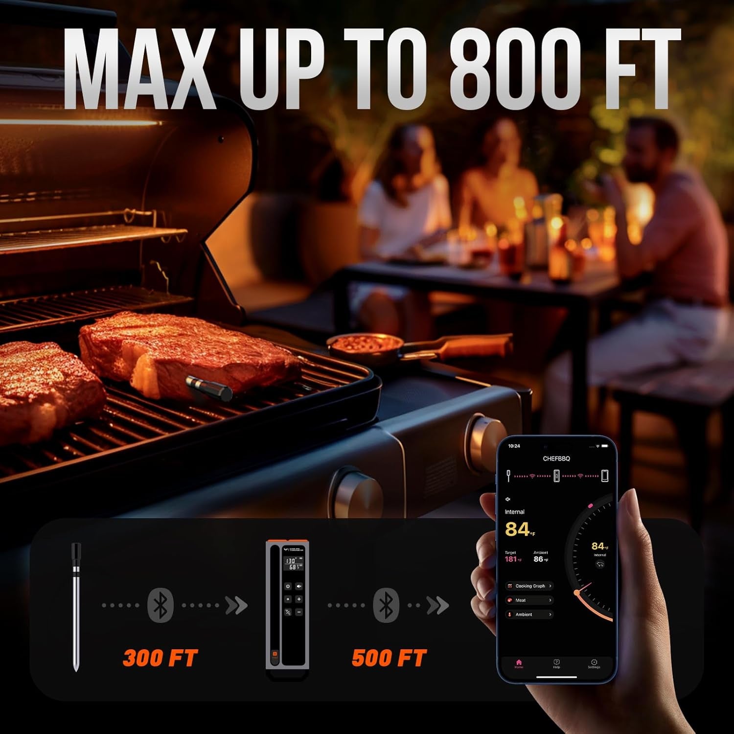 Meat Thermometer Digital Wireless, 800FT Long Range Bluetooth Cooking Thermometer, Food Thermometer for Remote Monitoring of Grill, Oven, Smoker, Air Fryer, Rotisserie, iOS & Android App