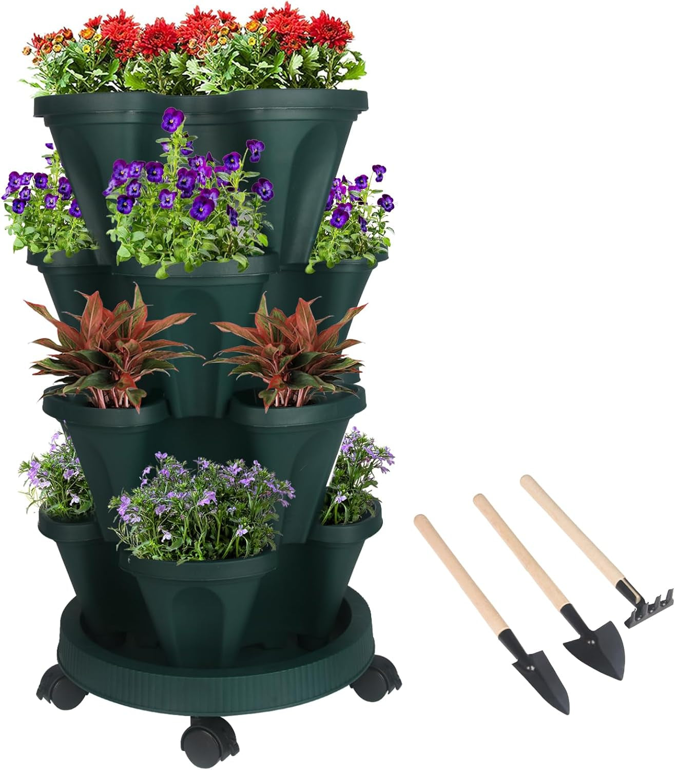 Vertical Planter 7 Tier Stackable Planters Garden Planters Strawberry Herb Flower and Vegetable Planter Indoor Outdoor Gardening Pots with Removable Wheels and Tools