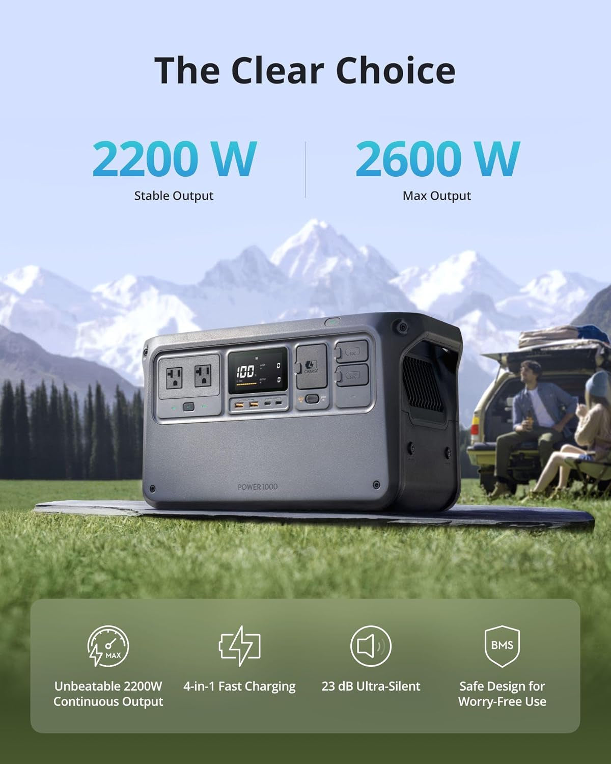 Power 1000 Portable Power Station, 1024Wh LiFePO4 Battery, 2200W Solar Generator, Home Backup, 4-in-1 Fast Charging, 23db Ultra-Silent, Camping & RVs, Off-grid, Power Outage (Solar Panel Optional)