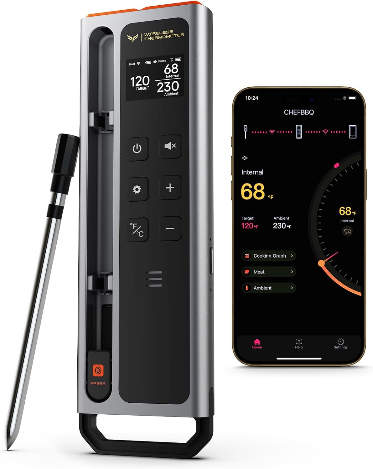 Meat Thermometer Digital Wireless, 800FT Long Range Bluetooth Cooking Thermometer, Food Thermometer for Remote Monitoring of Grill, Oven, Smoker, Air Fryer, Rotisserie, iOS & Android App