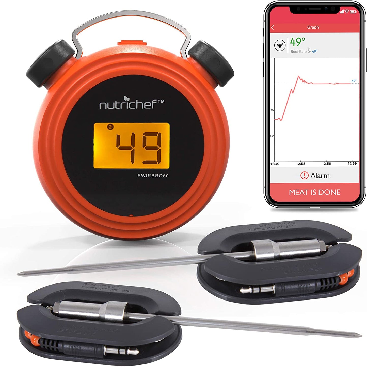 Smart Bluetooth BBQ Grill Thermometer - Digital Display, Stainless Dual Probes Safe to Leave in Outdoor Barbecue Meat Smoker - Wireless Remote Alert iOS Android Phone WiFi App - PWIRBBQ60