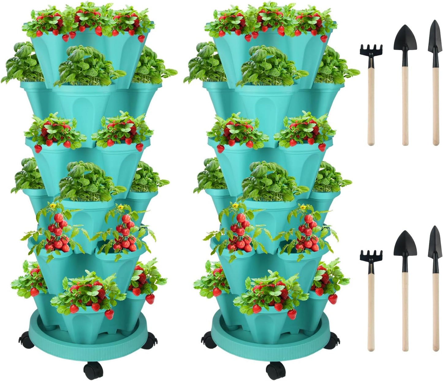 Vertical Planter 7 Tier Stackable Planters Garden Planters Strawberry Herb Flower and Vegetable Planter Indoor Outdoor Gardening Pots with Removable Wheels and Tools