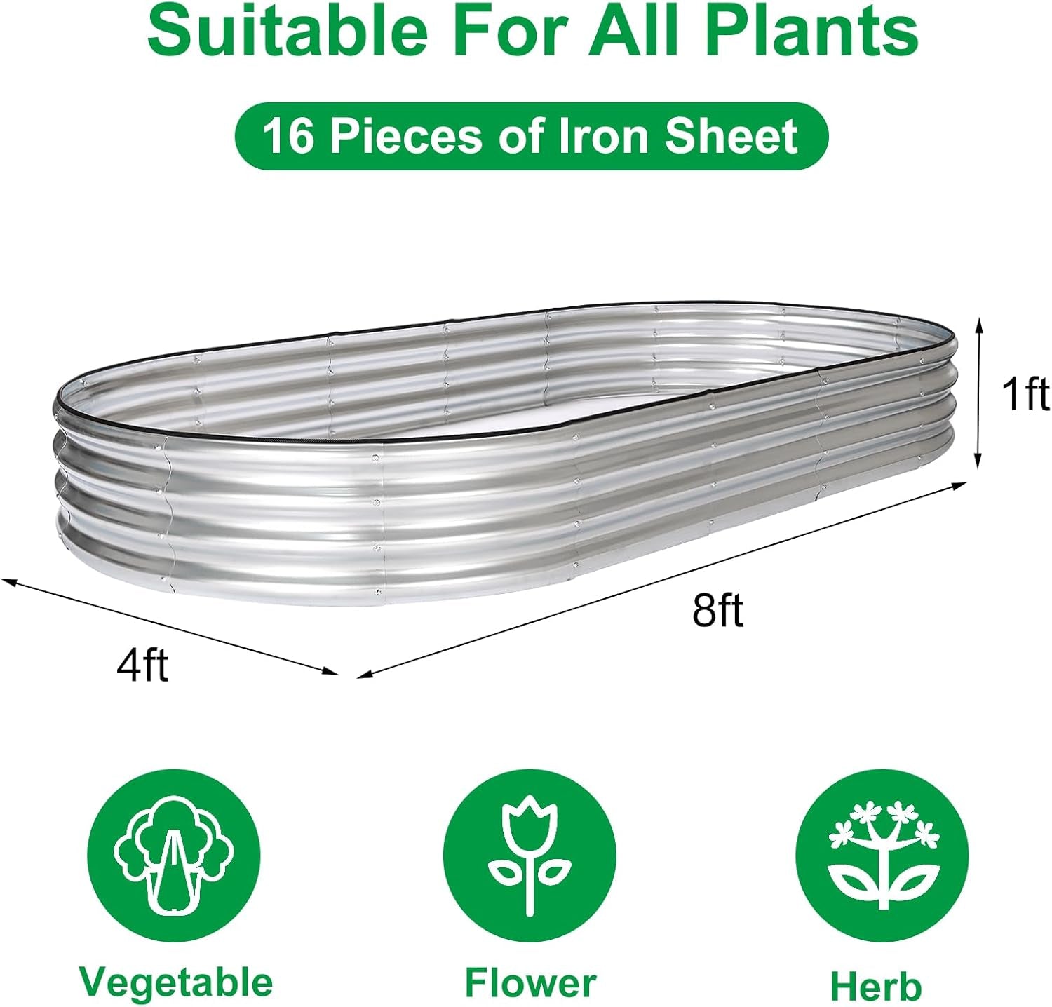 8×4×1ft Oval Raised Garden Bed,Galvanized Raised Garden Bed Kit Outdoor Metal Gardening Planter Box for Vegetable, Fruits, Flower，Herbs