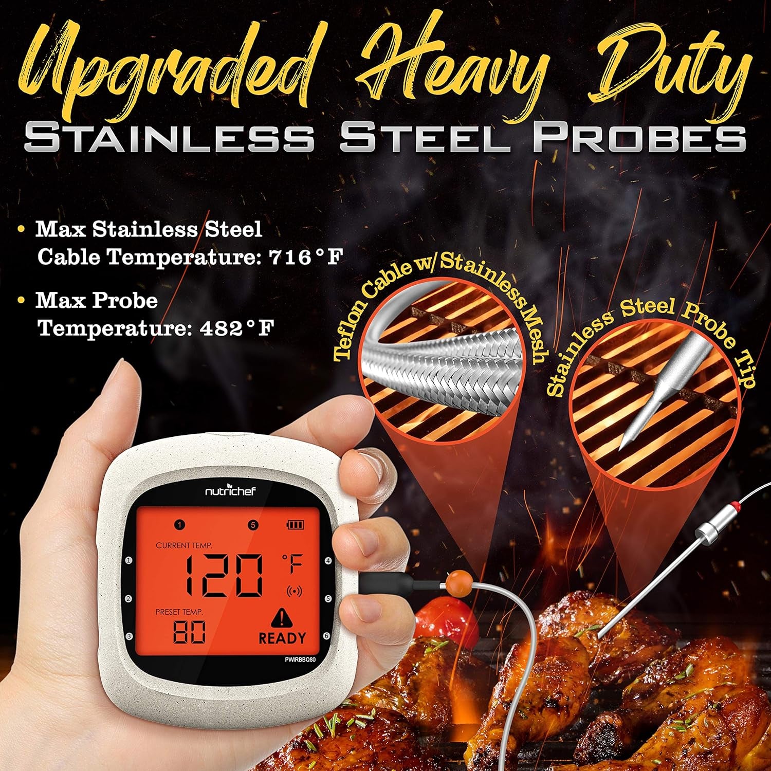 Bluetooth Meat Thermometer for Grilling and Smoking, up to 6 Temperature Probes and Smart APP, 400 Ft Range, LCD