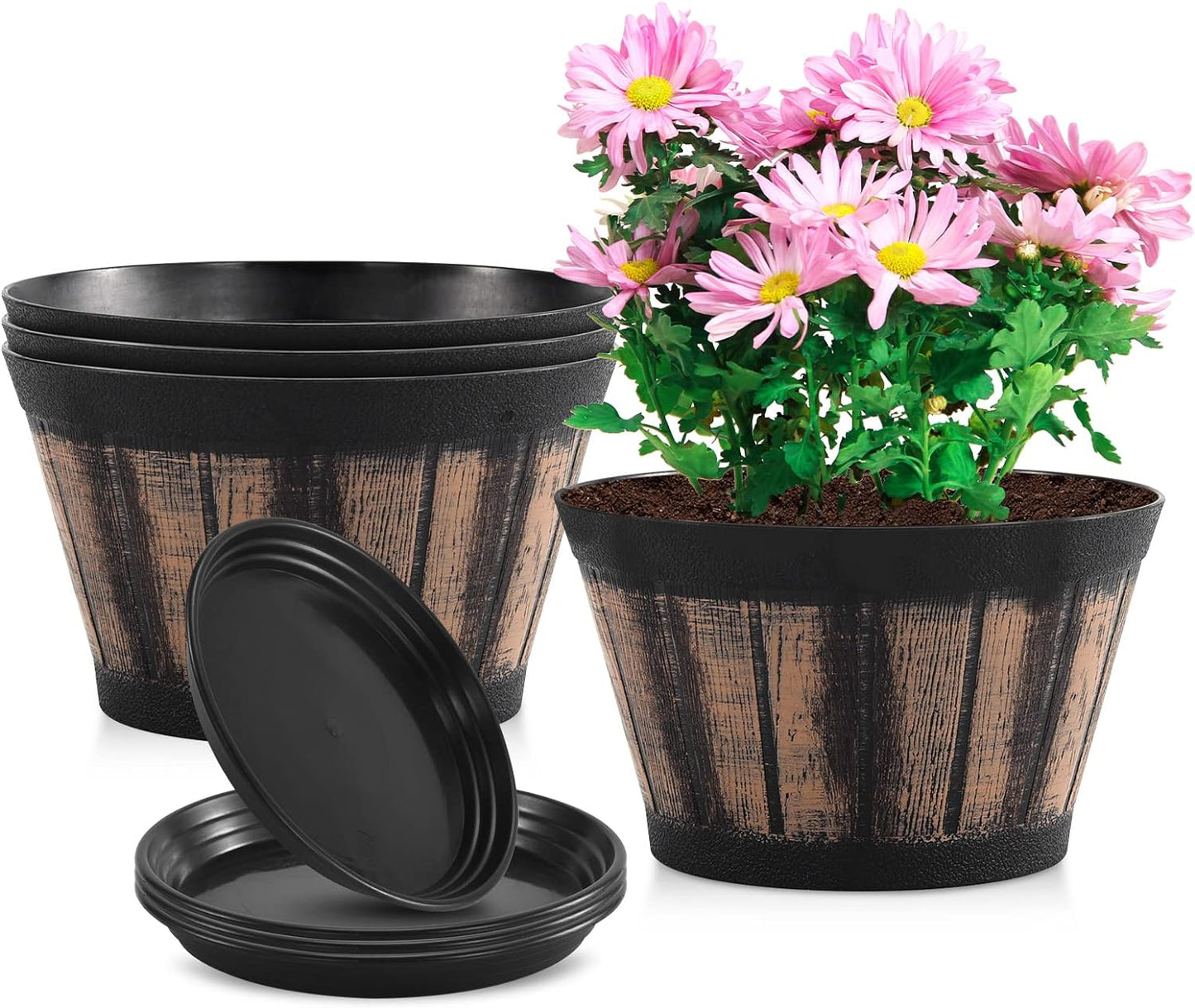 Plant Pots Set of 4 Pack 12 inch,Large Whiskey Barrel Planters with Drainage Holes & Saucer.Plastic Flower Pots Imitation Wine Barrel Design, for Indoor & Outdoor Garden Home Plants (Brown)