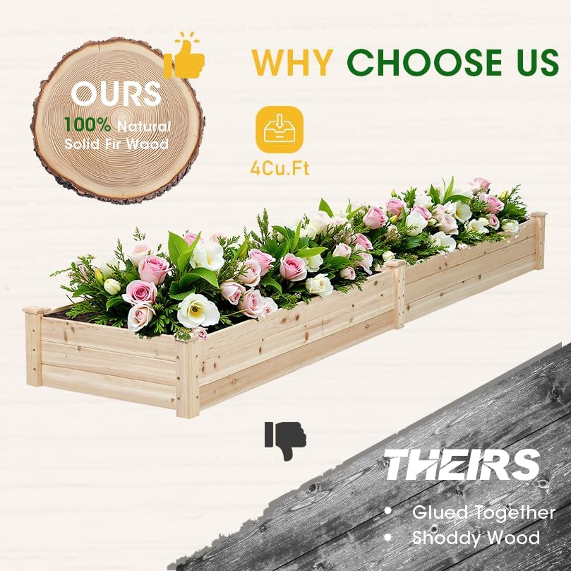 Outdoor 8FT Wooden Raised Garden Bed Planter Box Kit for Vegetables, Fruits, and Herbs – Perfect for Patio or Yard Gardening