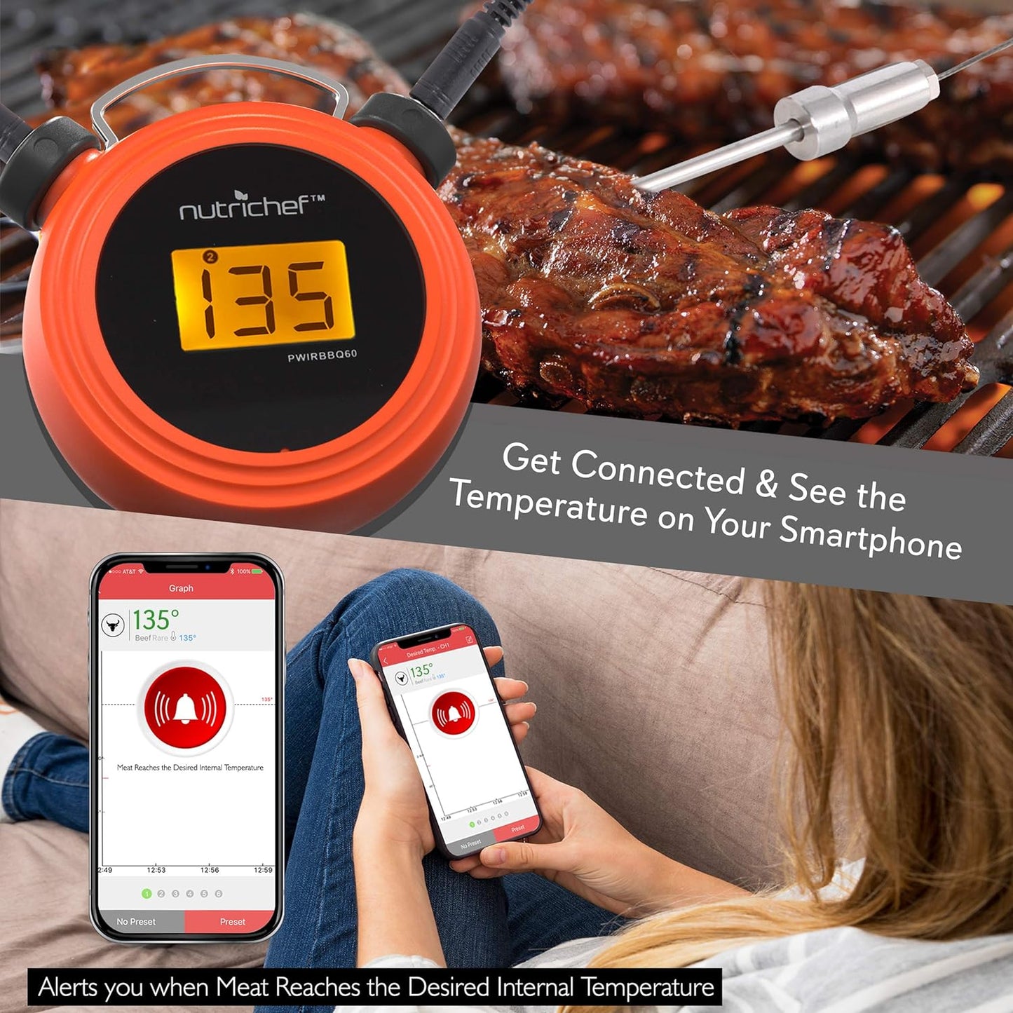 Smart Bluetooth BBQ Grill Thermometer - Digital Display, Stainless Dual Probes Safe to Leave in Outdoor Barbecue Meat Smoker - Wireless Remote Alert iOS Android Phone WiFi App - PWIRBBQ60