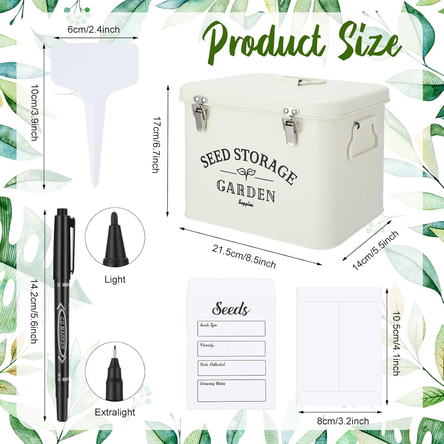  Seed Storage Organizer Box with Lid  | Decorative Garden Seed Packet Container | Includes Dividers, 100 Plant Labels, 50 Envelopes & 2 Marker Pens  (Stylish – 8.5” x 5.5” x 6.7”)