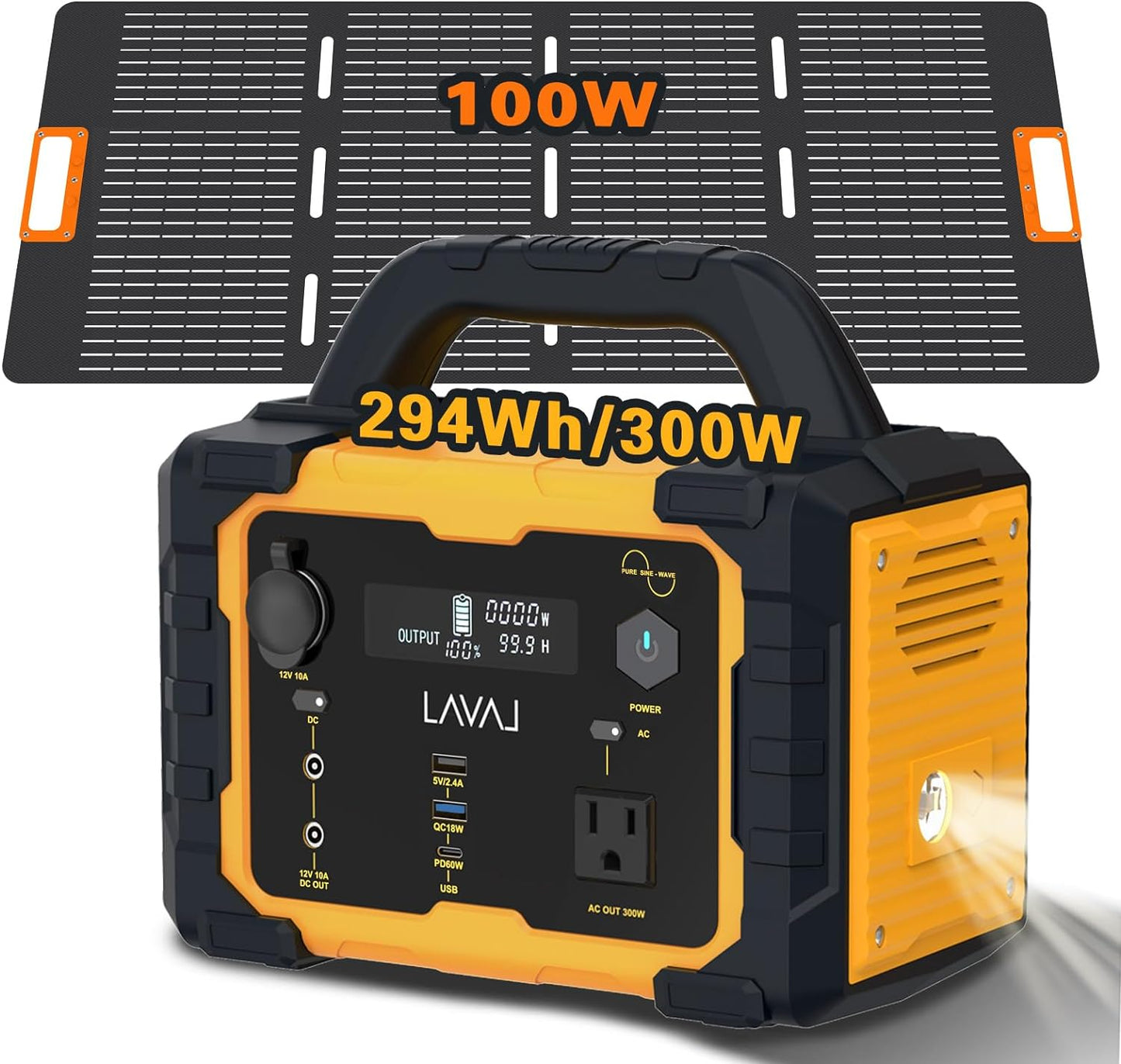 Solar Generator 300W Portable Power Station with 100W Foldable Solar Panel, 294Wh Lithium Battery, 120V/300W AC Outlet, Quiet Generator for Home, RV, Outdoor, Camping, and Emergency Use