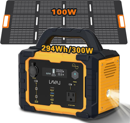 Solar Generator 300W Portable Power Station with 100W Foldable Solar Panel, 294Wh Lithium Battery, 120V/300W AC Outlet, Quiet Generator for Home, RV, Outdoor, Camping, and Emergency Use