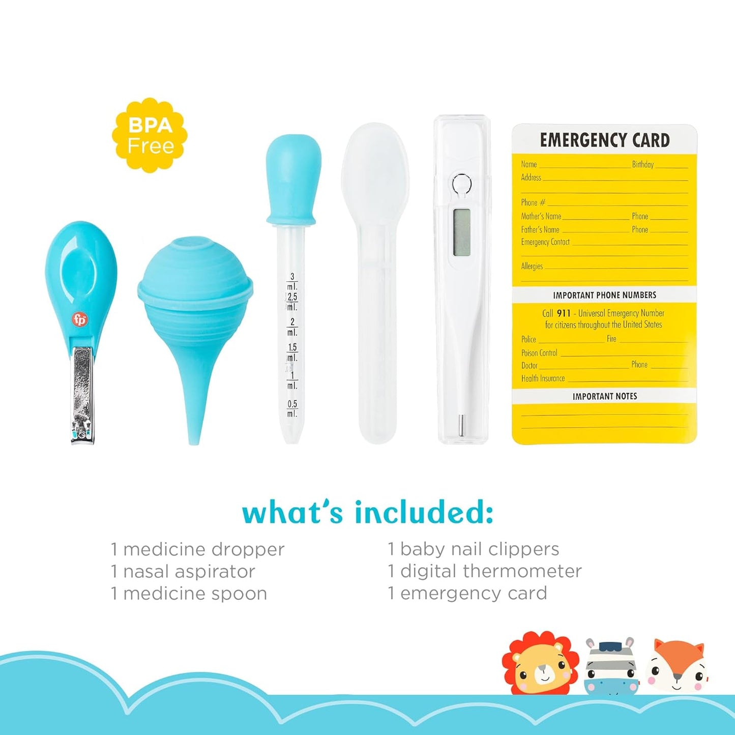 Fisher-Price 6-Piece Baby Healthcare Kit – Newborn Essentials Baby Gift Set with Medicine Dispensers, Aspirator, Nail Clippers, Thermometer & More