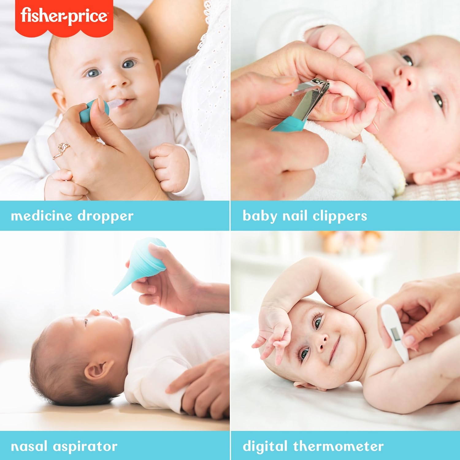 Fisher-Price 6-Piece Baby Healthcare Kit – Newborn Essentials Baby Gift Set with Medicine Dispensers, Aspirator, Nail Clippers, Thermometer & More