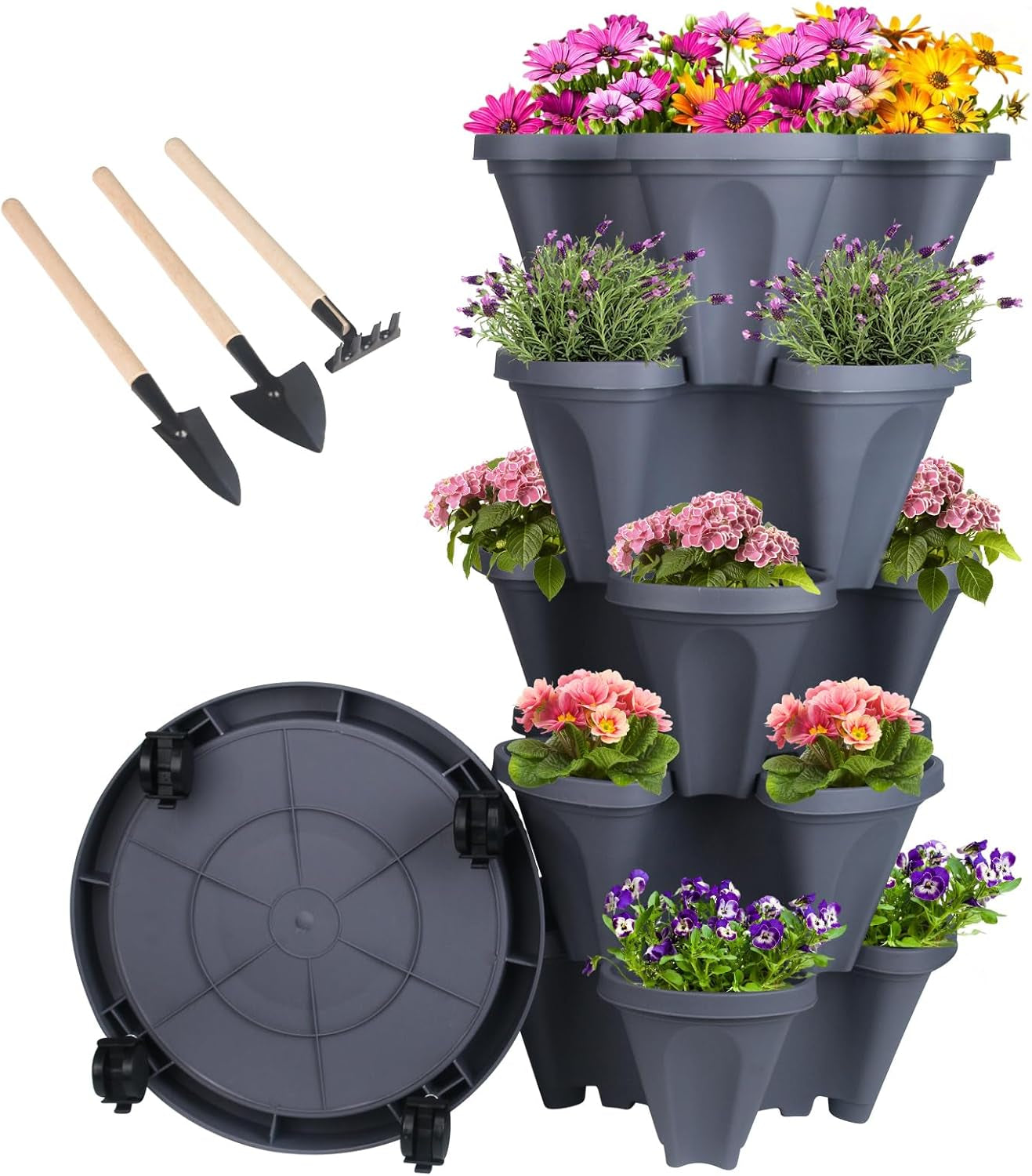 Vertical Planter 7 Tier Stackable Planters Garden Planters Strawberry Herb Flower and Vegetable Planter Indoor Outdoor Gardening Pots with Removable Wheels and Tools